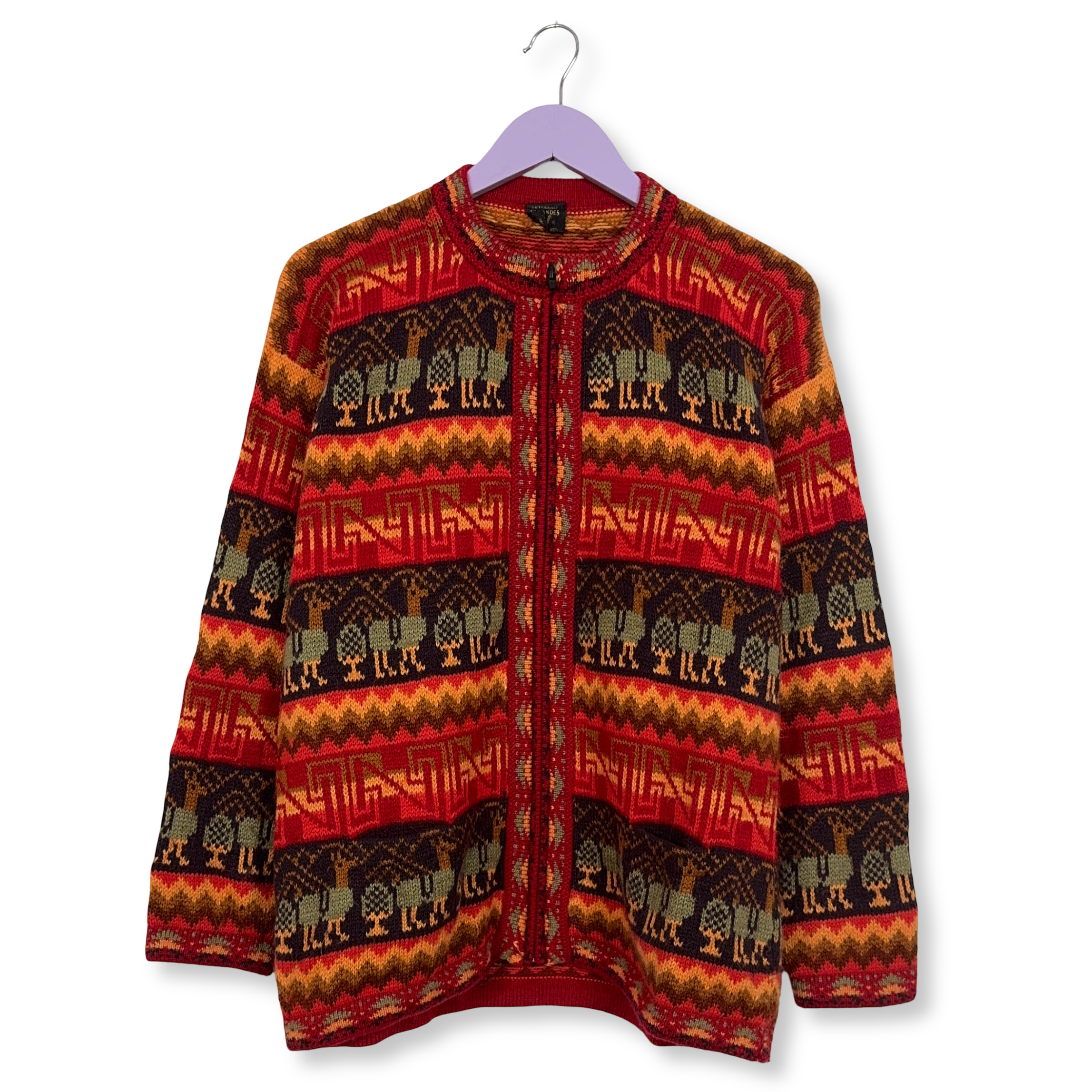 Cardigan Los Andes Vintage rosso tribale geometrico 100% alpaca anni 80 90 - Taglia M uomo