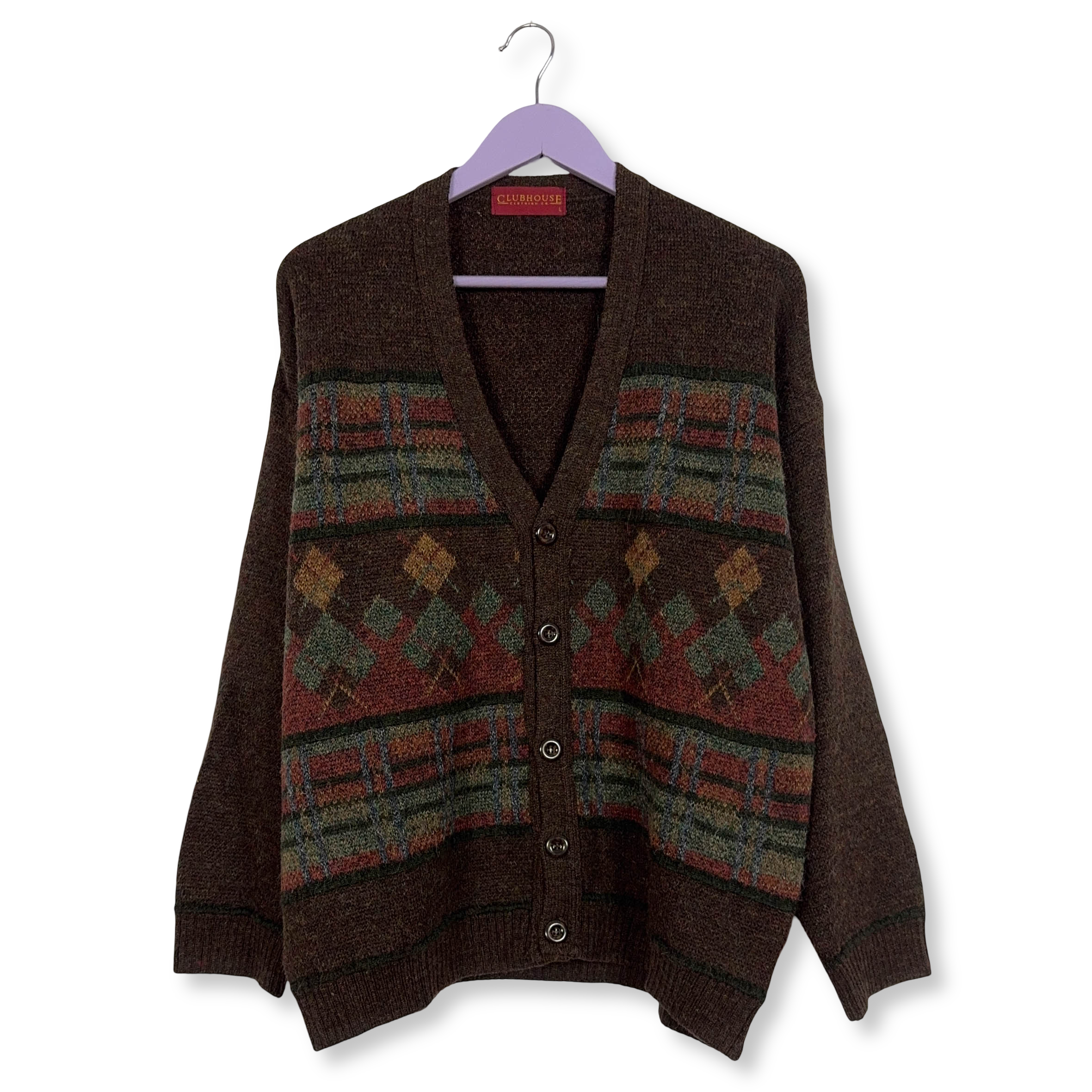 Cardigan Vintage marrone geometrico 30% lana e alpaca anni 80 90 - Taglia L uomo