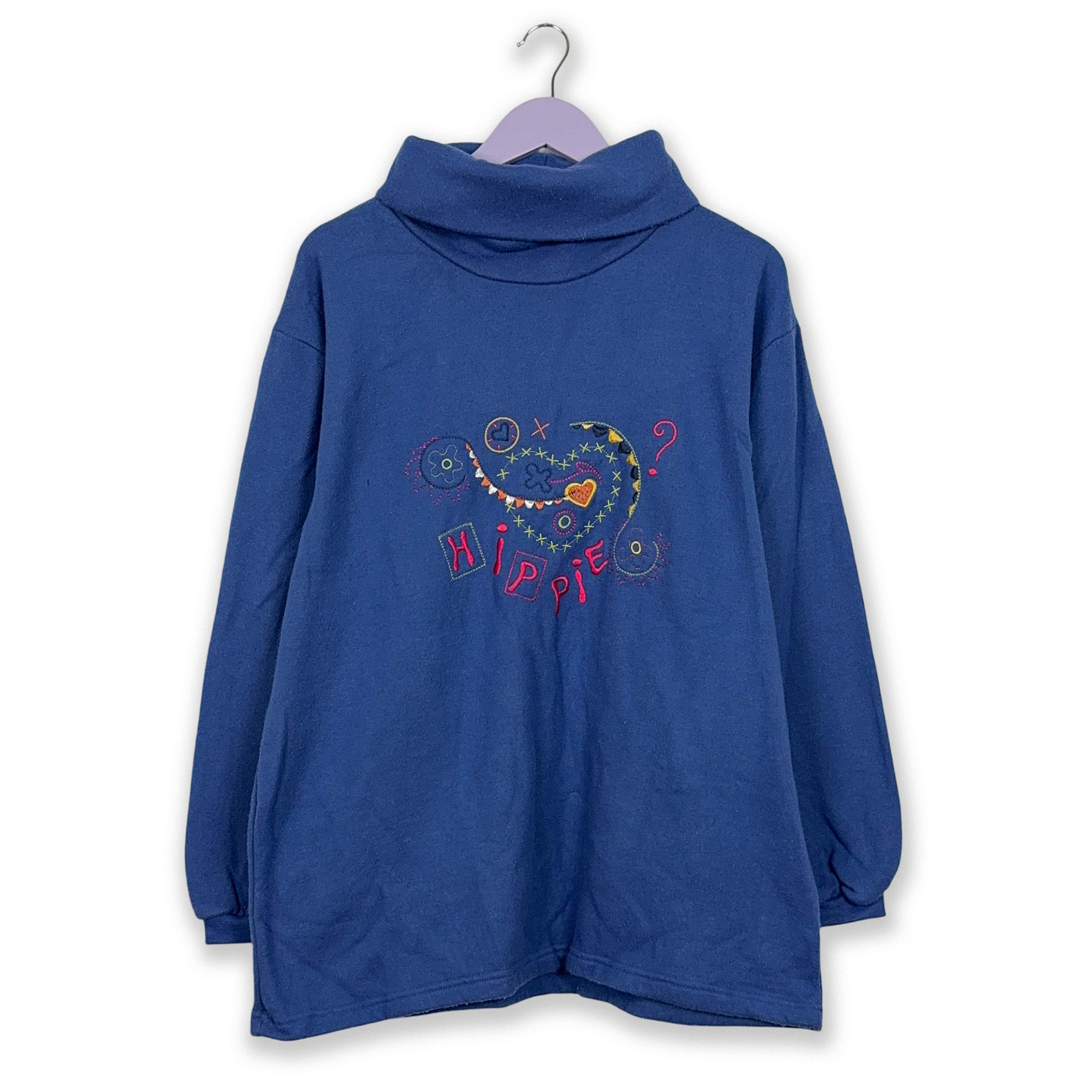 Vintage Hippie Embroidery Blue Turtleneck Pile - Size L Men