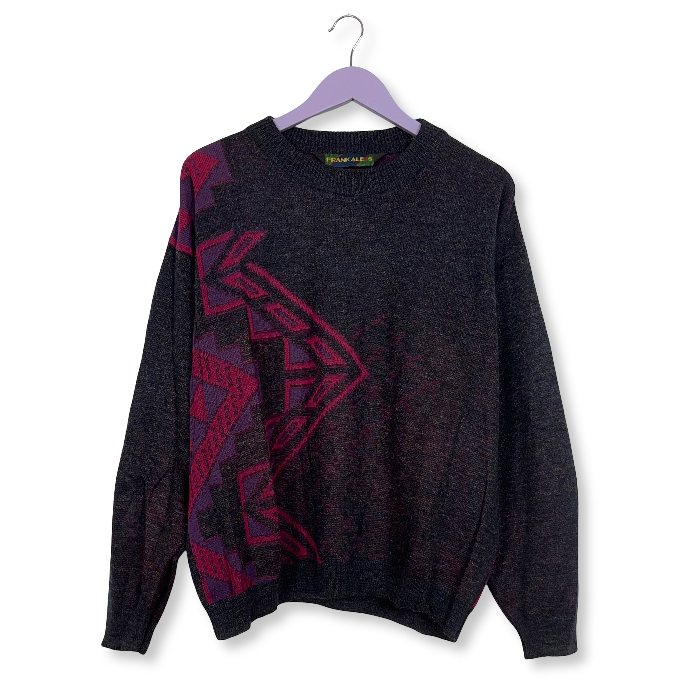 Maglione Vintage blu scuro e viola geometrico 50% lana anni 80 90 - Taglia M/L uomo