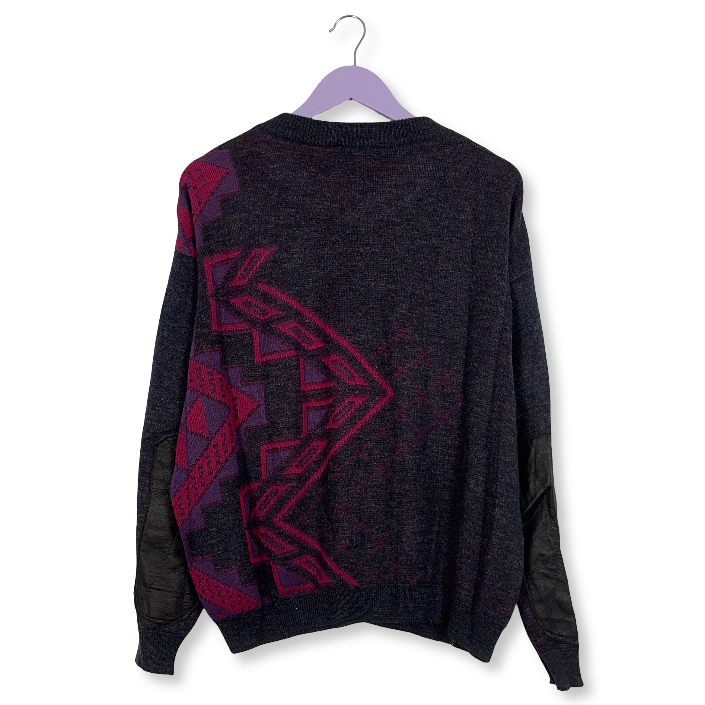 Maglione Vintage blu scuro e viola geometrico 50% lana anni 80 90 - Taglia M/L uomo