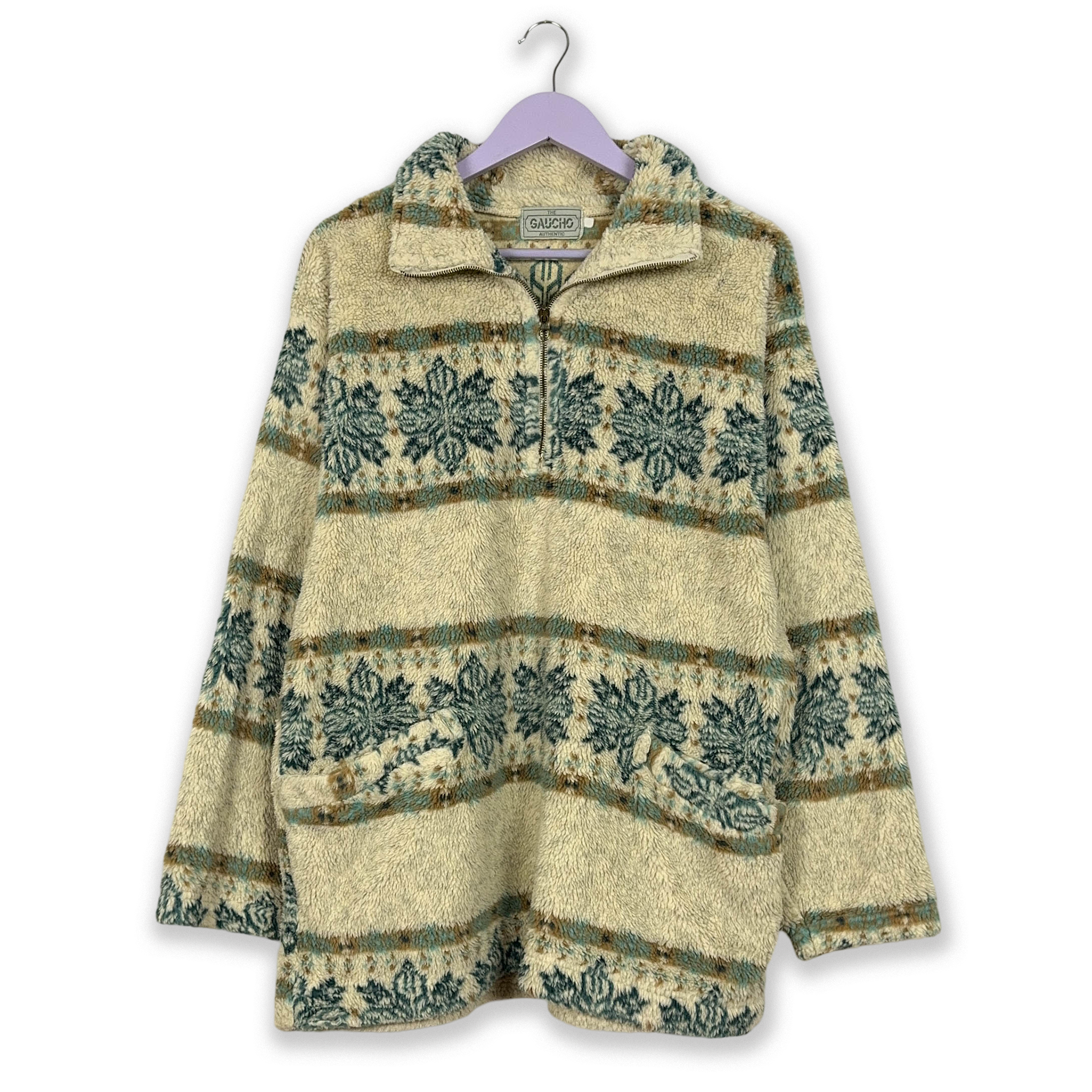 Vintage Beige Patterned Quarter Zip Fleece - Size L/XL Men