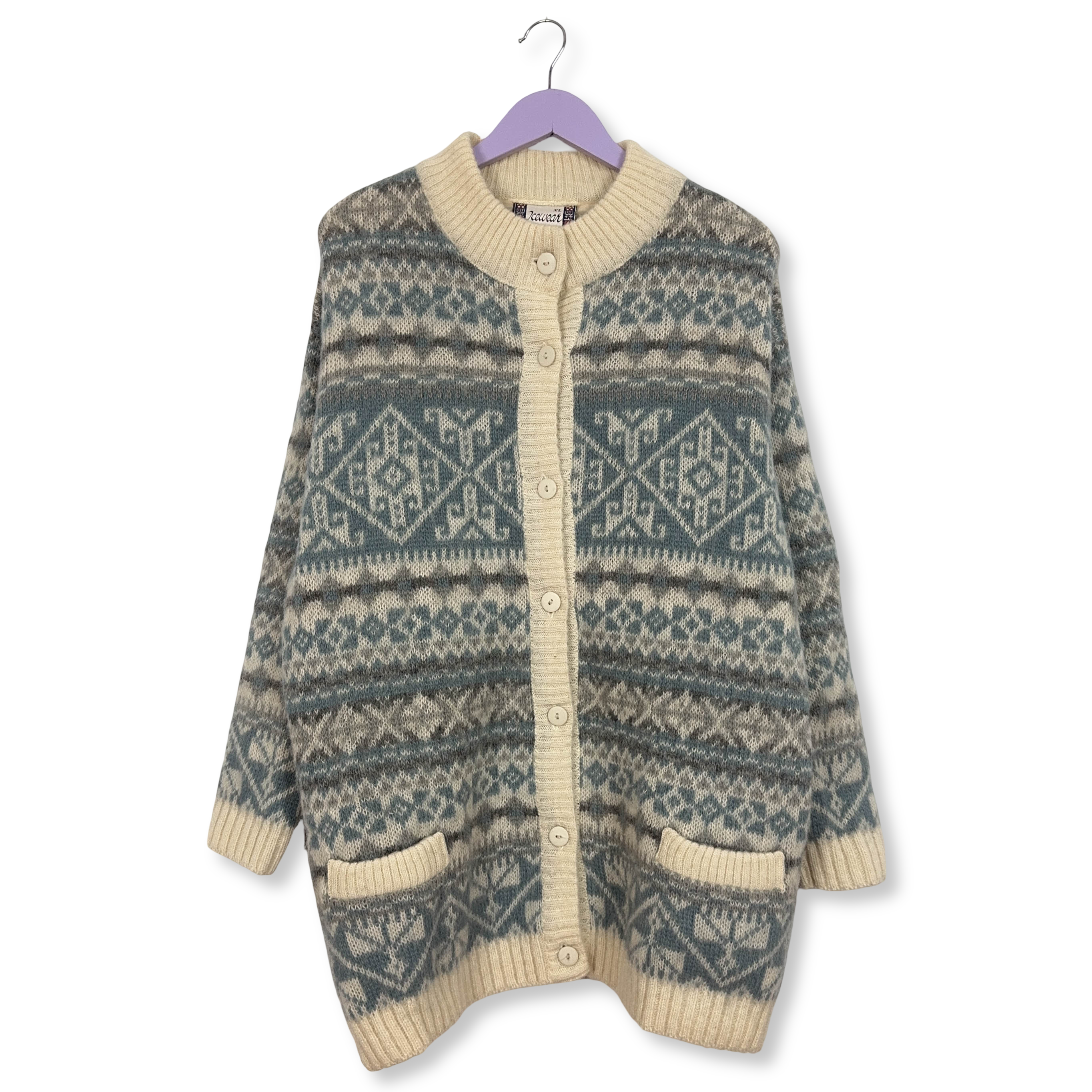 Cardigan Vintage Icewear foderato crema e azzurro geometrico 100% lana anni 80 90 - Taglia XL uomo