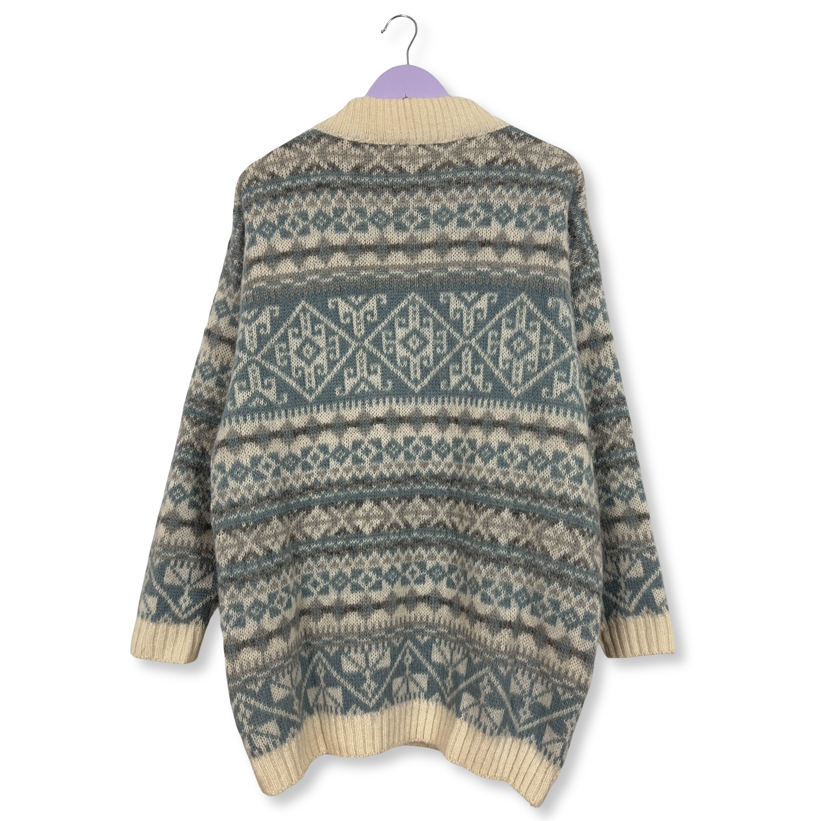 Cardigan Vintage Icewear foderato crema e azzurro geometrico 100% lana anni 80 90 - Taglia XL uomo
