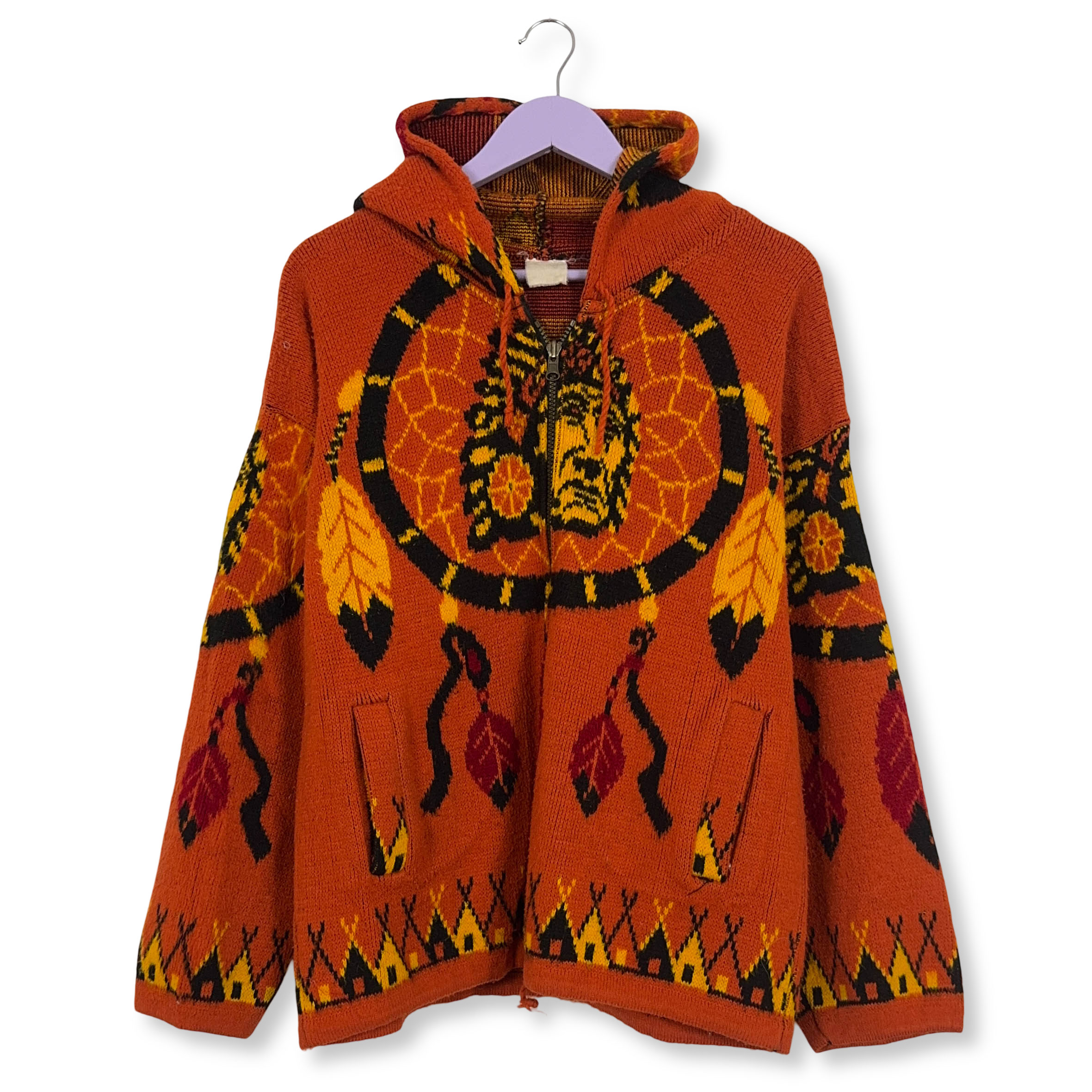 Cardigan Vintage arancione tribale con cappuccio e grafica misto lana anni 80 90 - Taglia L uomo