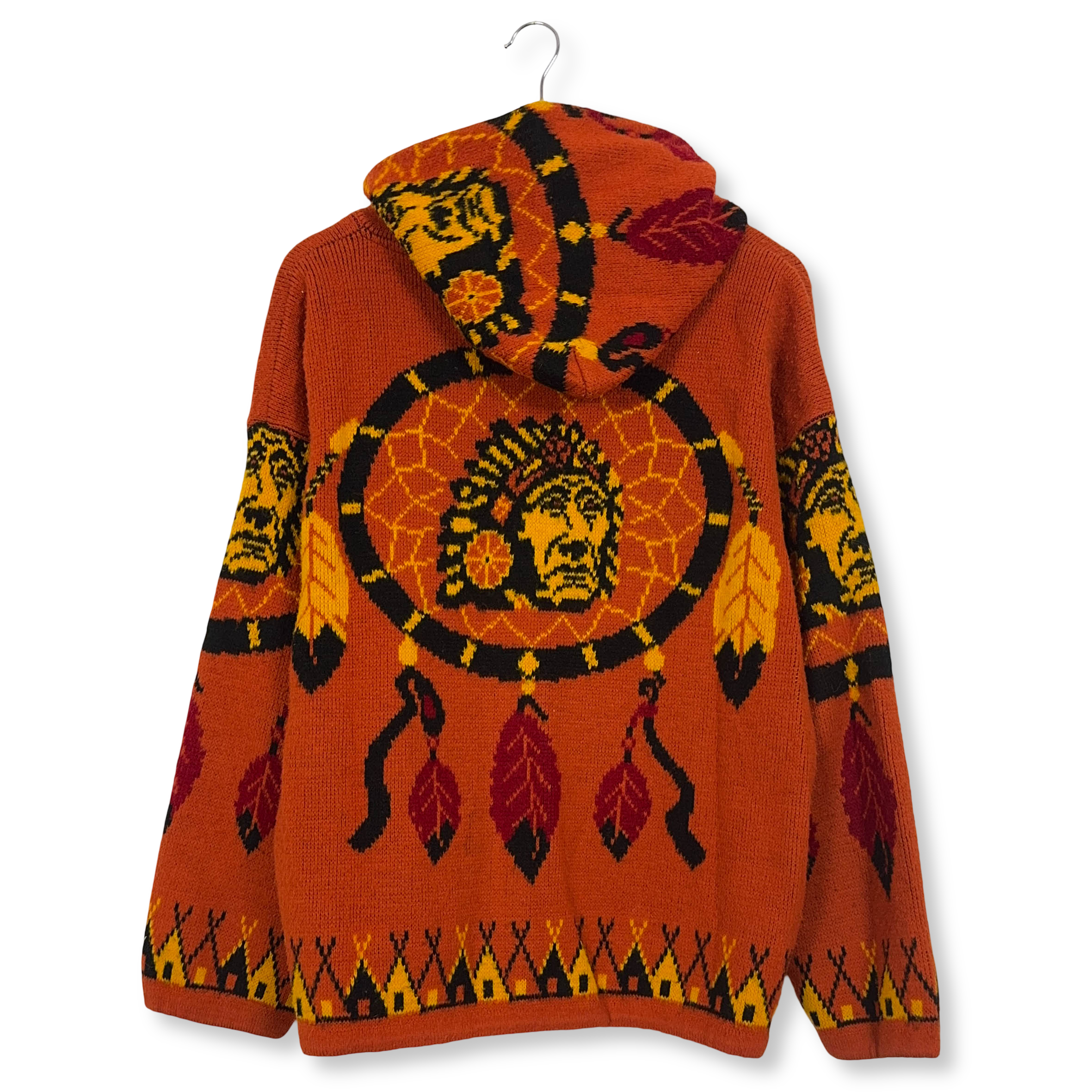Cardigan Vintage arancione tribale con cappuccio e grafica misto lana anni 80 90 - Taglia L uomo