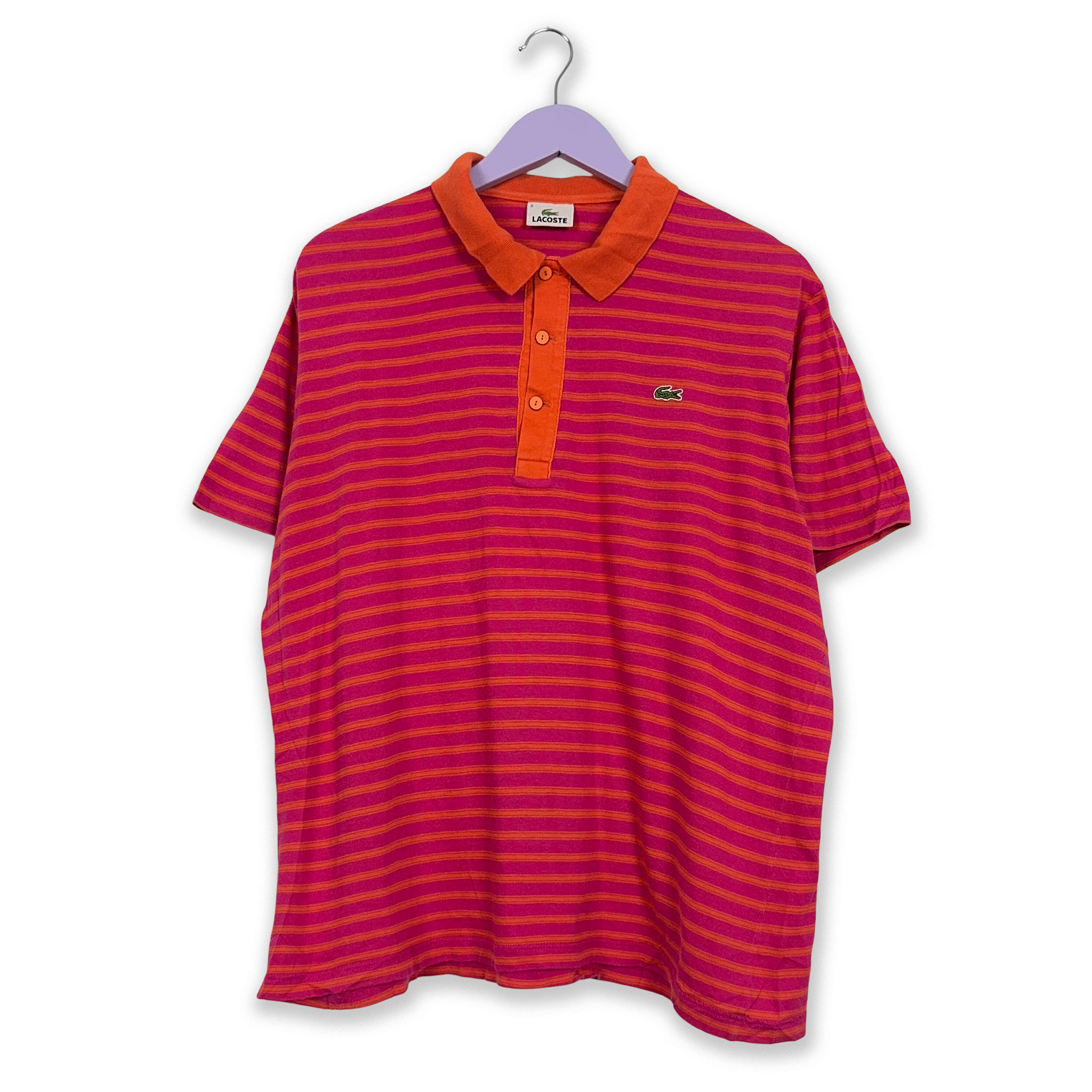 Lacoste Pink and Orange Striped Polo Shirt - Men's Size 6