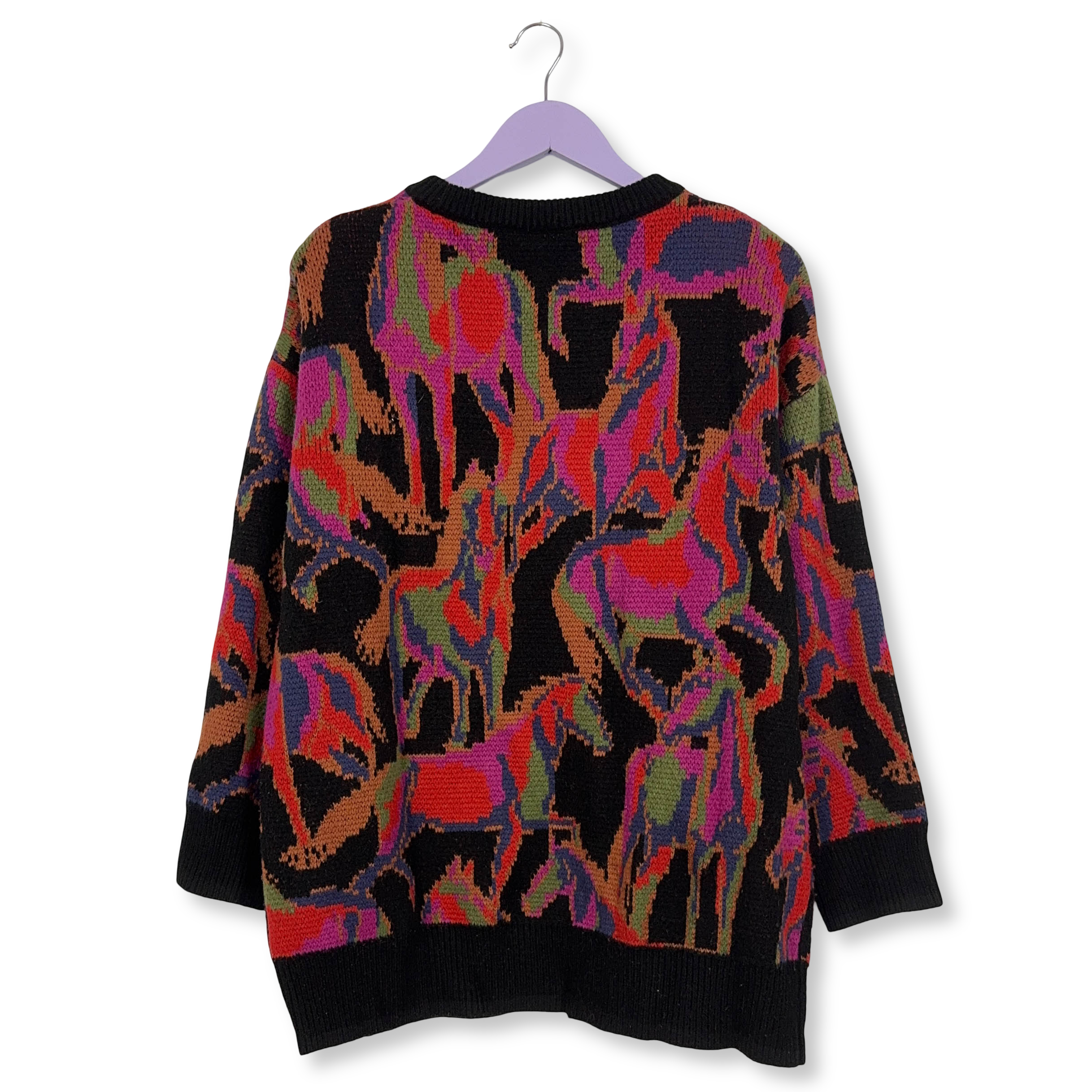 Maglione Vintage nero fantasia multicolore astratto girocollo acrilico anni 80 90 - Taglia L uomo