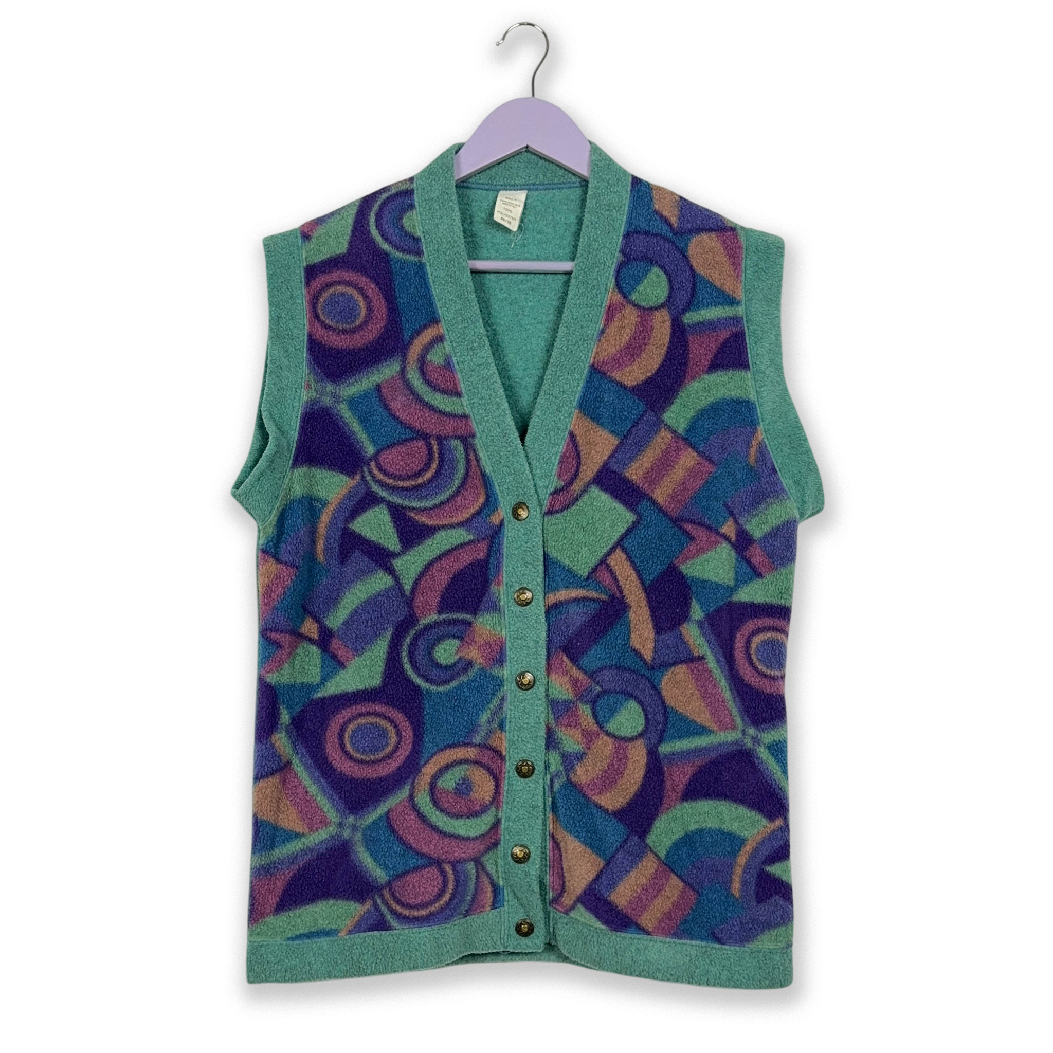 Vintage Sleeveless Purple and Green Abstract Pattern Button Up Fleece - Size 36 38 Men