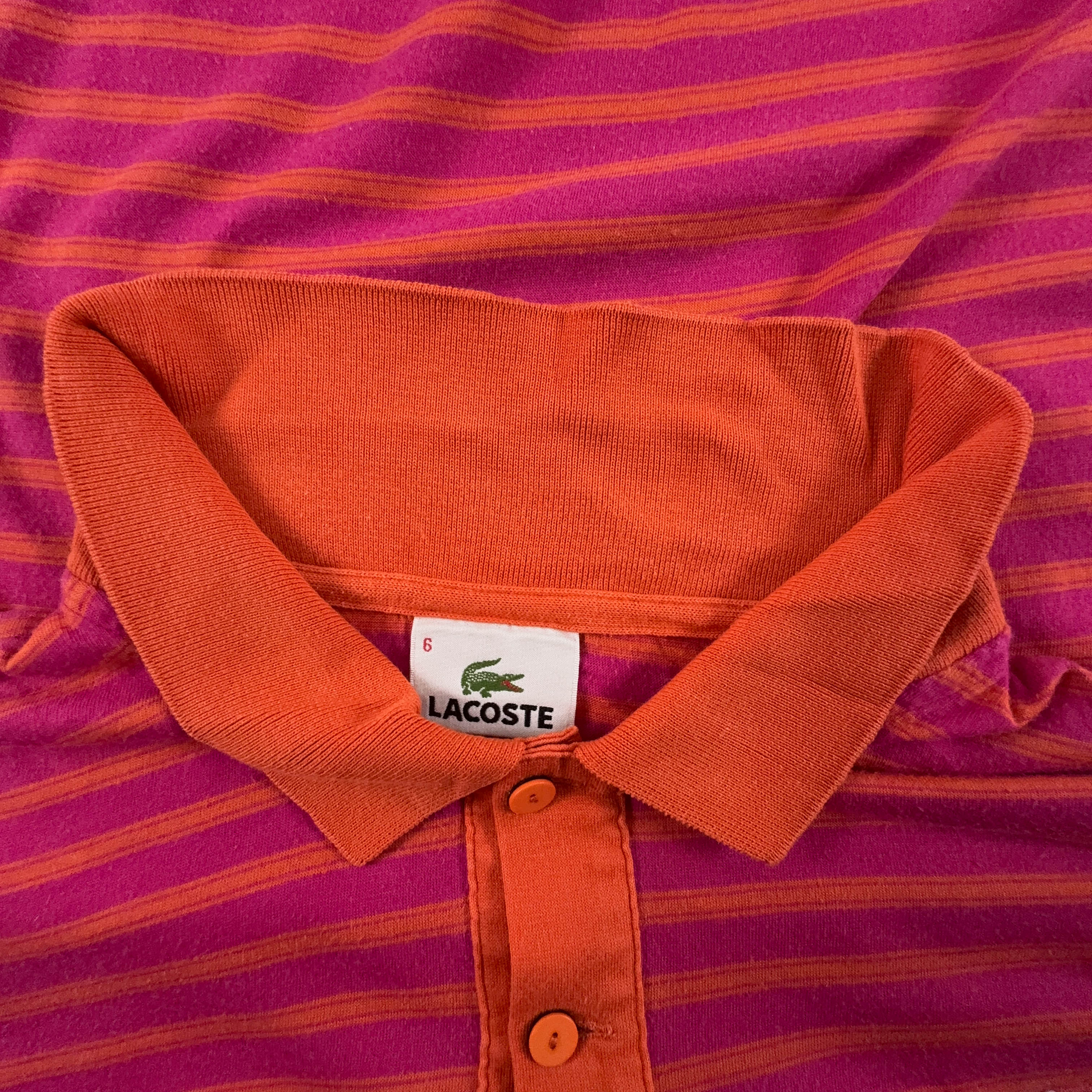 Lacoste Pink and Orange Striped Polo Shirt - Men's Size 6