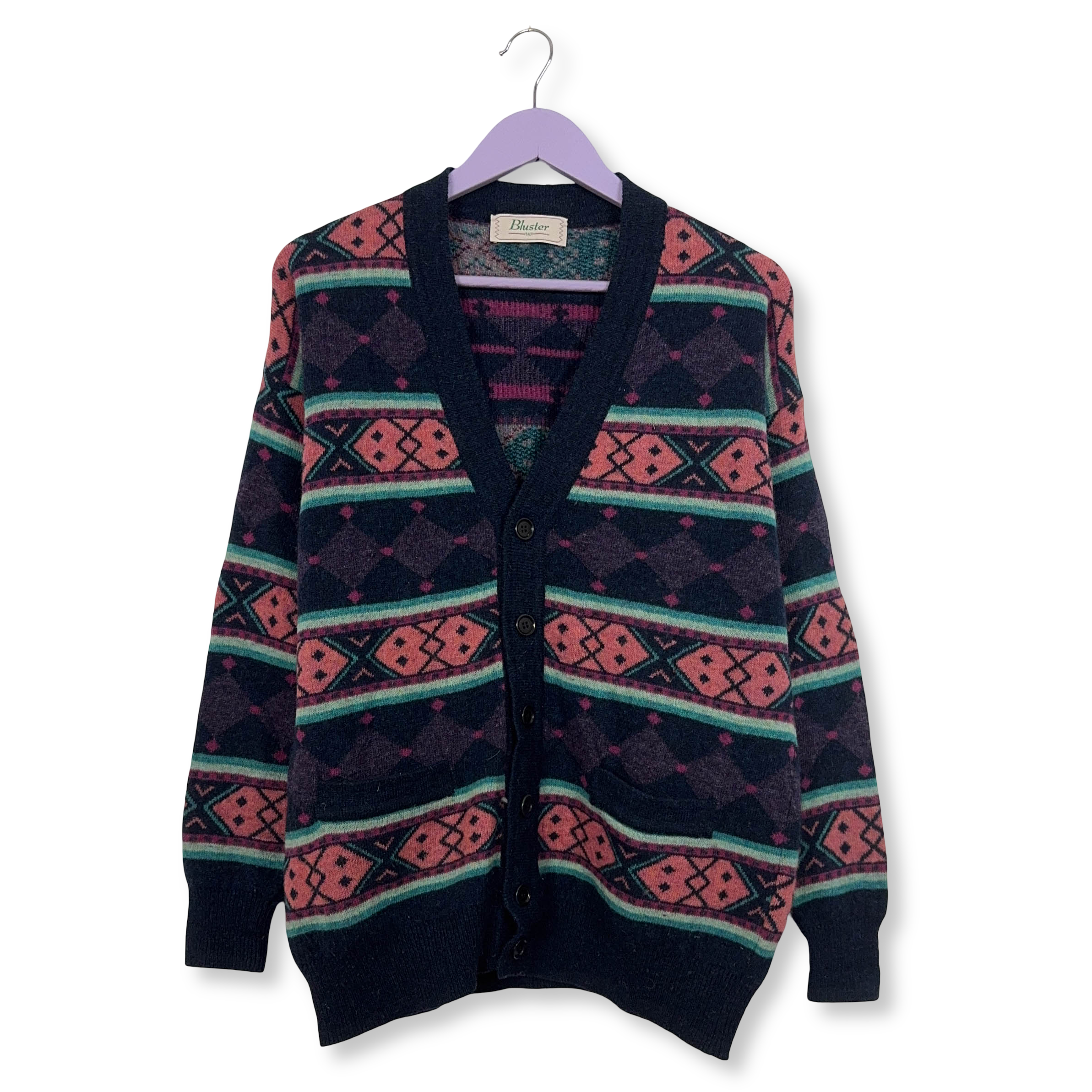 Cardigan Vintage blu e rosa a righe geometrico 90% lana anni 80 90 - Taglia 50 uomo