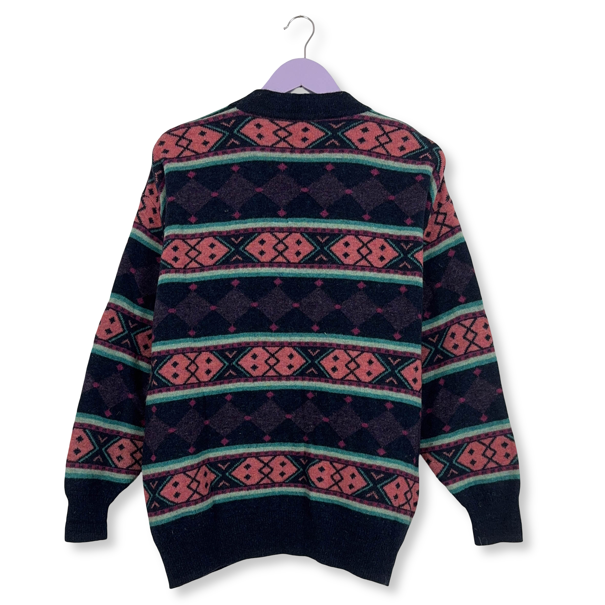 Cardigan Vintage blu e rosa a righe geometrico 90% lana anni 80 90 - Taglia 50 uomo