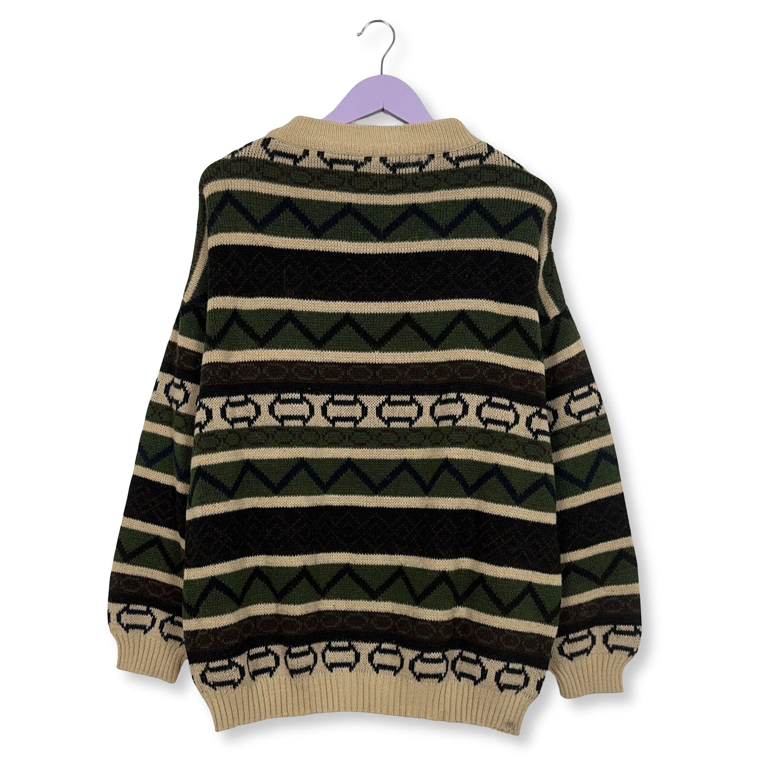 Maglione Vintage verde crema geometrico a righe girocollo misto lana anni 80 90 - Taglia L/XL uomo