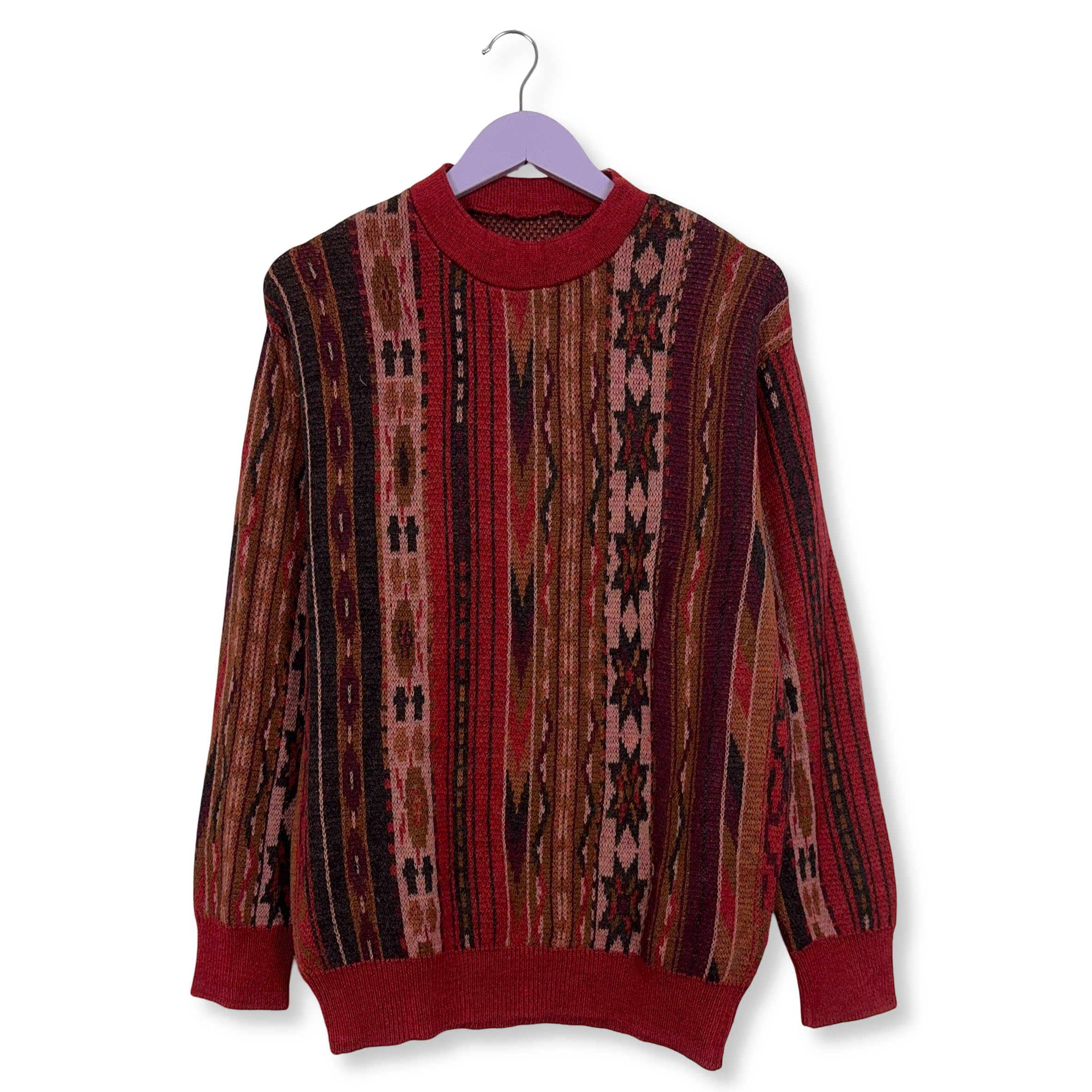 Maglione Vintage rosso a righe astratto girocollo 100% lana anni 80 90 - Taglia 50 uomo