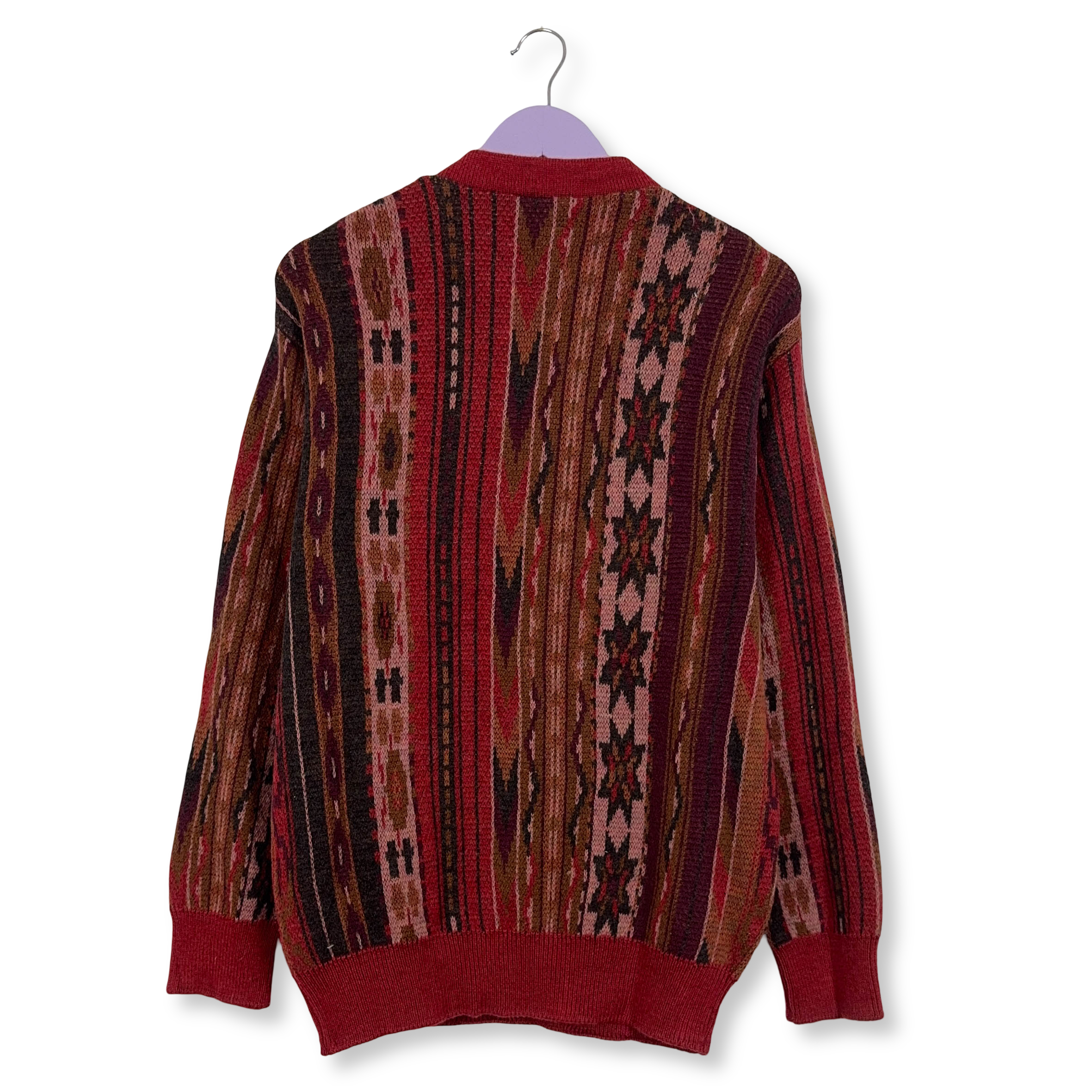 Maglione Vintage rosso a righe astratto girocollo 100% lana anni 80 90 - Taglia 50 uomo