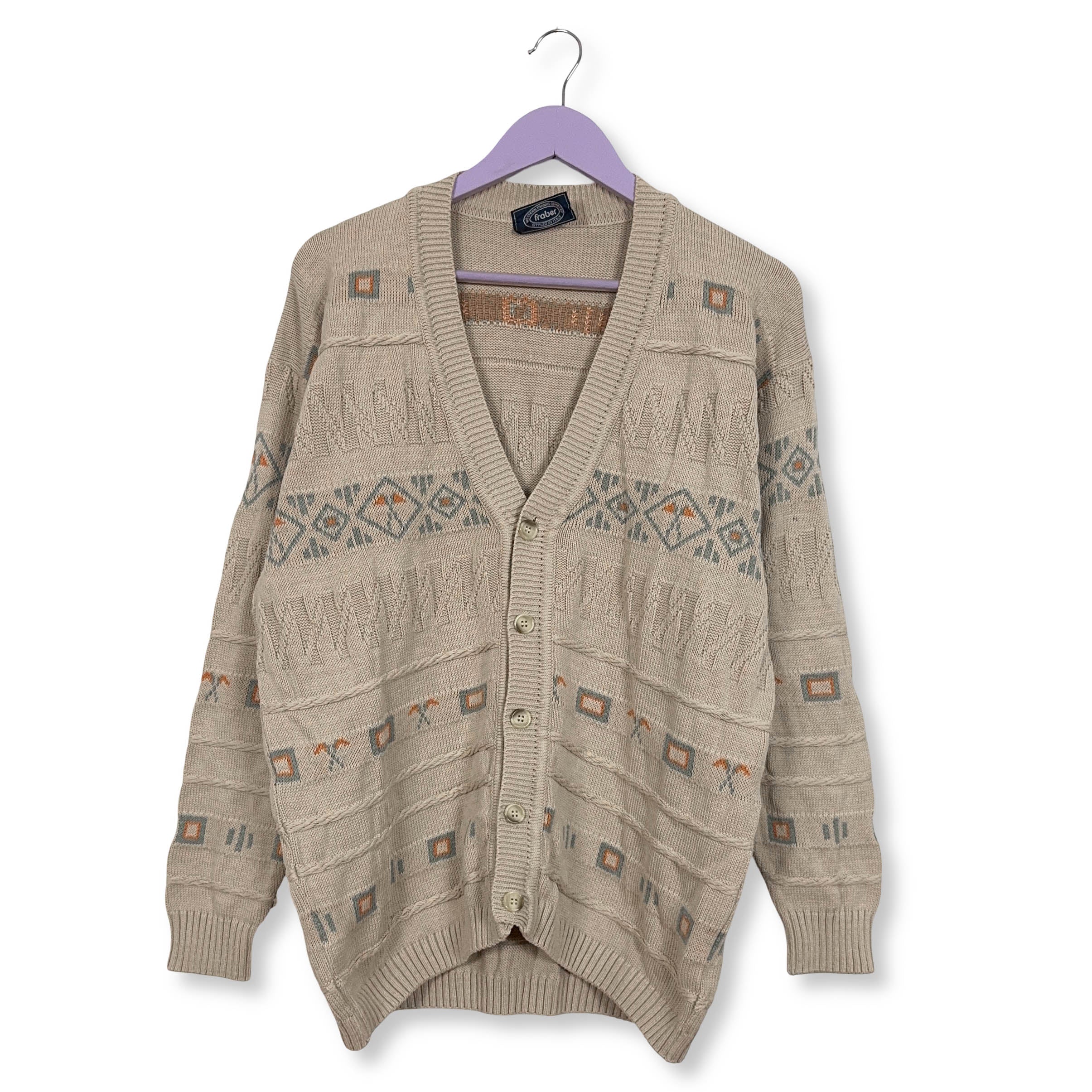 Cardigan Vintage Fraber beige geometrico anni 80 90 - Taglia L uomo