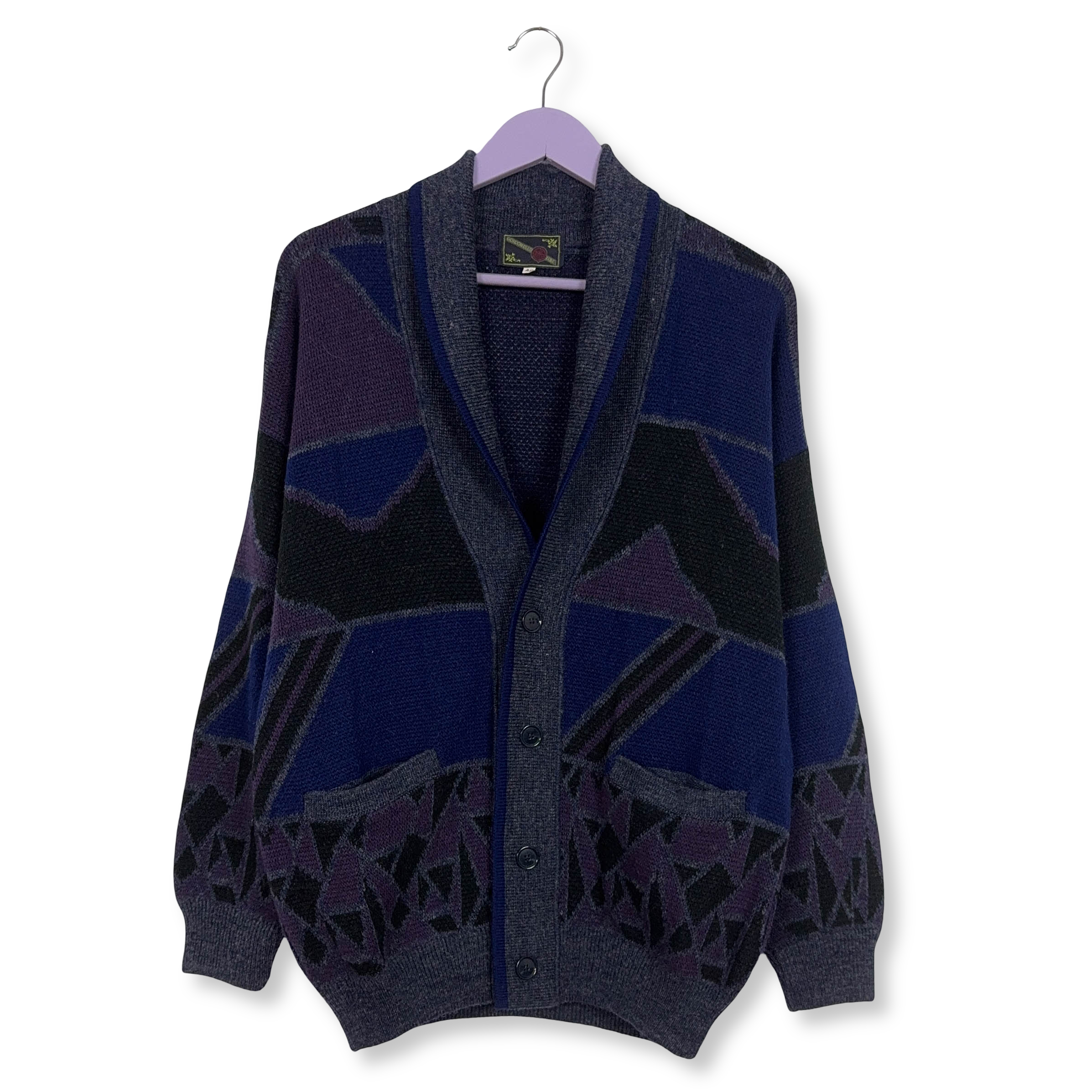 Cardigan Vintage blu geometrico astratto anni 80 90 - Taglia 48 uomo