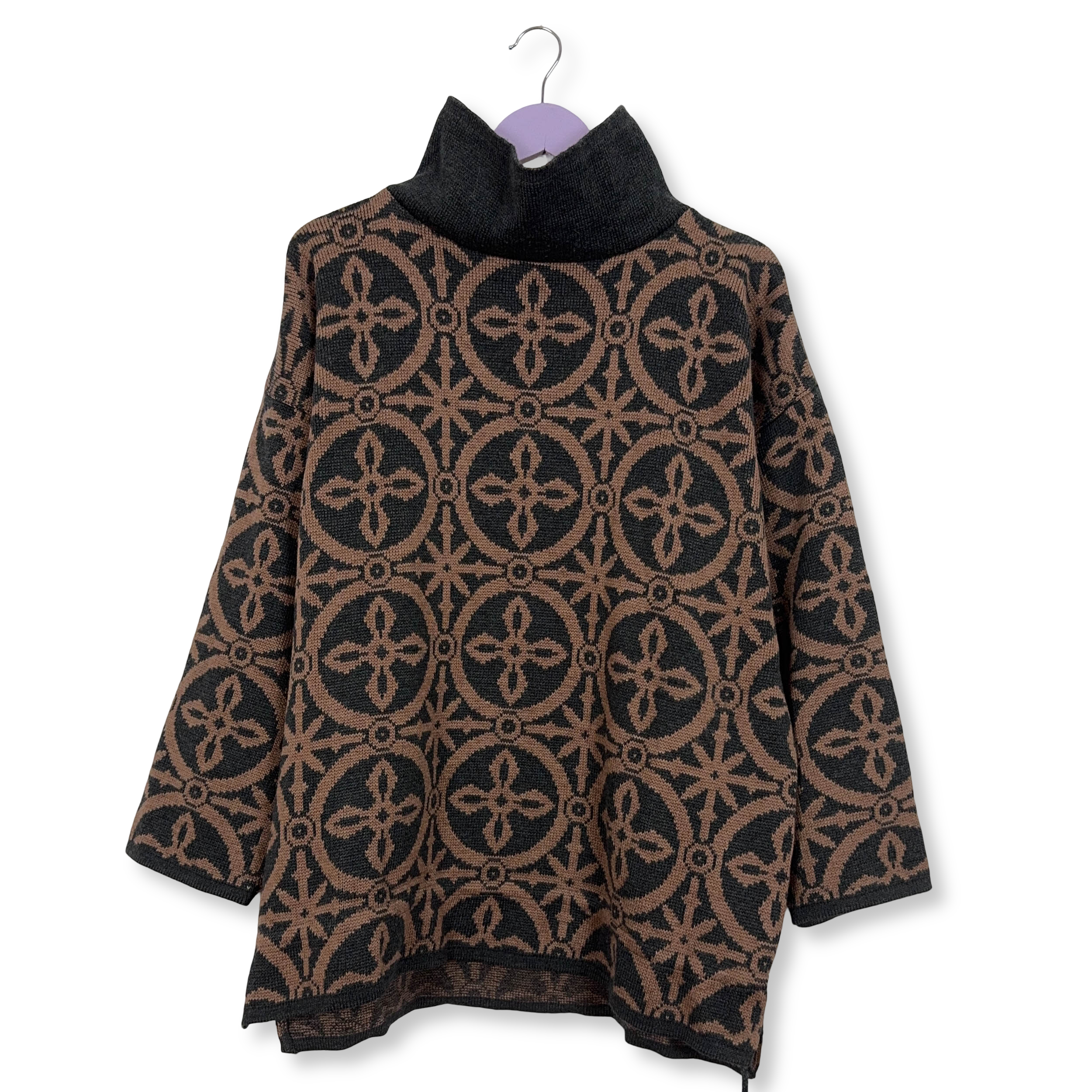 Maglione Vintage Chiemsee marrone pattern geometrico collo lungo anni 80 90 - Taglia L/XL uomo