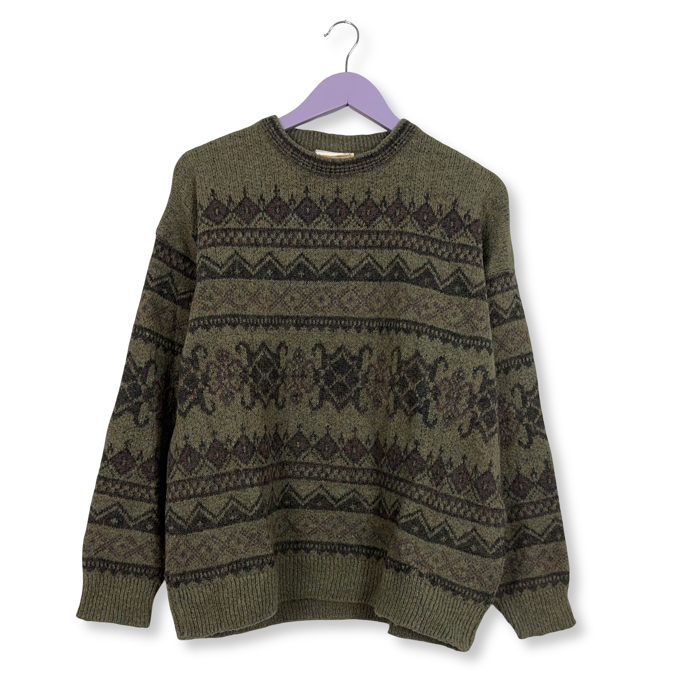 Maglione Vintage verde astratto girocollo 50% lana mohair anni 80 90 - Taglia M uomo