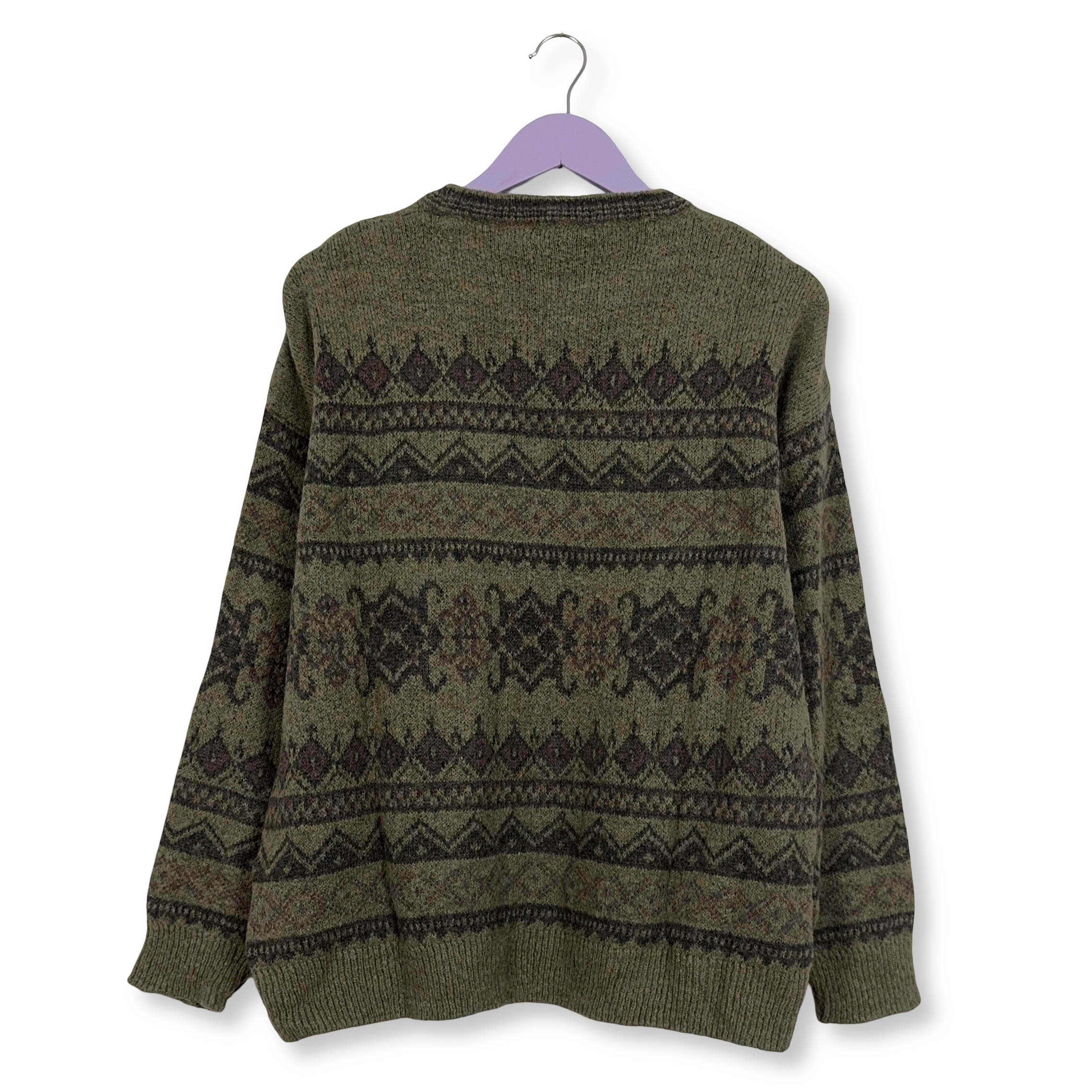 Maglione Vintage verde astratto girocollo 50% lana mohair anni 80 90 - Taglia M uomo