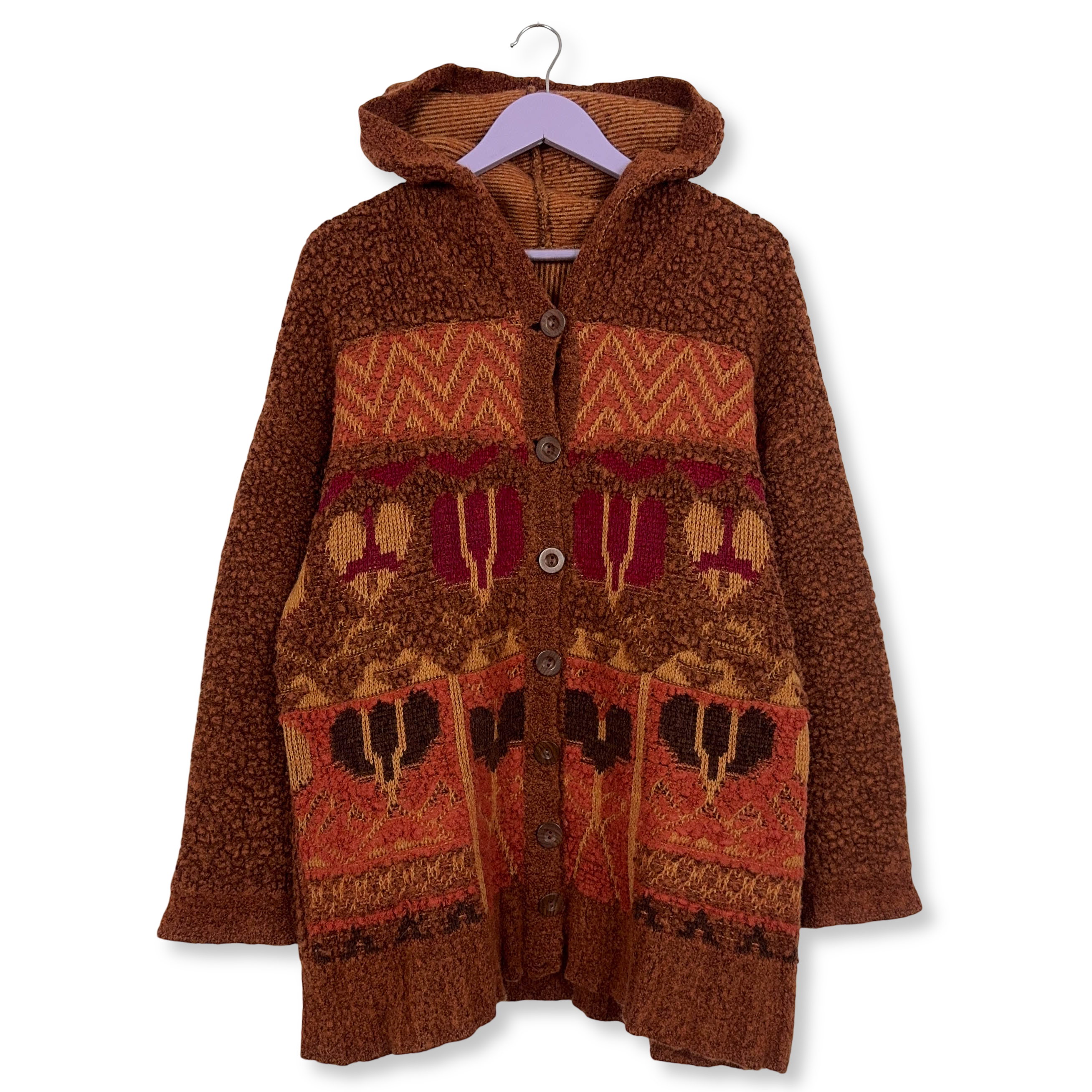 Cardigan Vintage arancione e marrone con cappuccio astratto misto lana anni 80 90 - Taglia L uomo