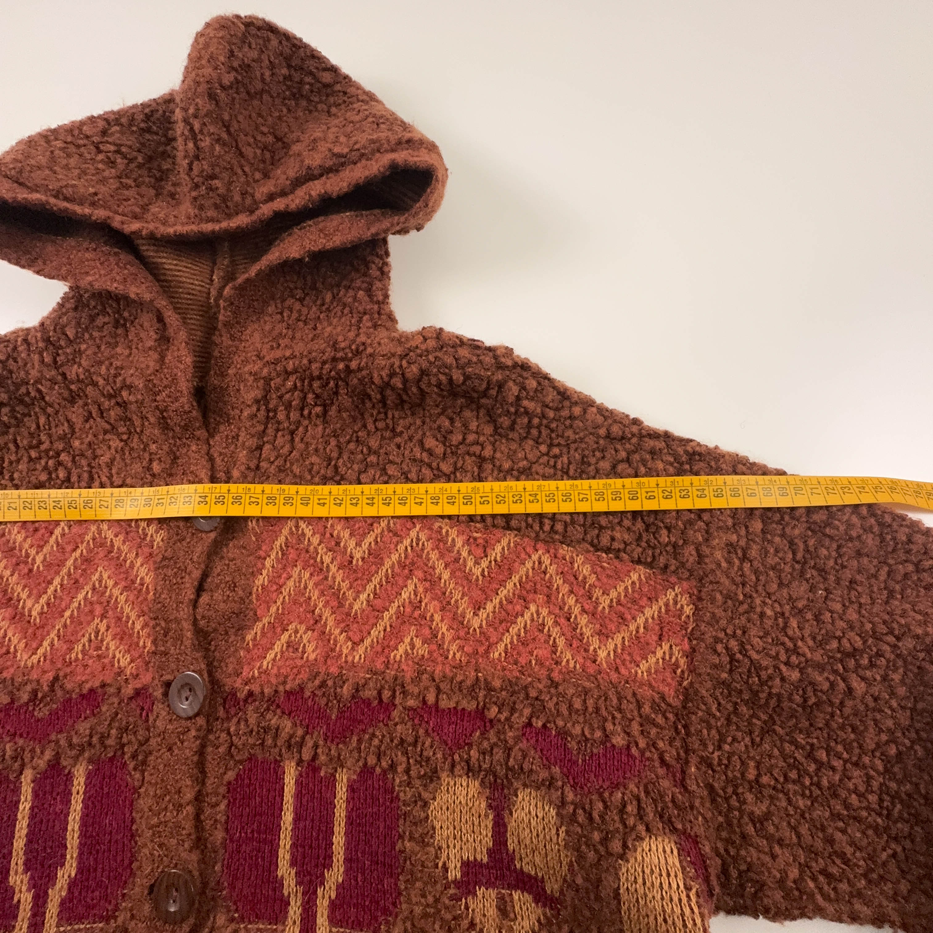 Cardigan Vintage arancione e marrone con cappuccio astratto misto lana anni 80 90 - Taglia L uomo