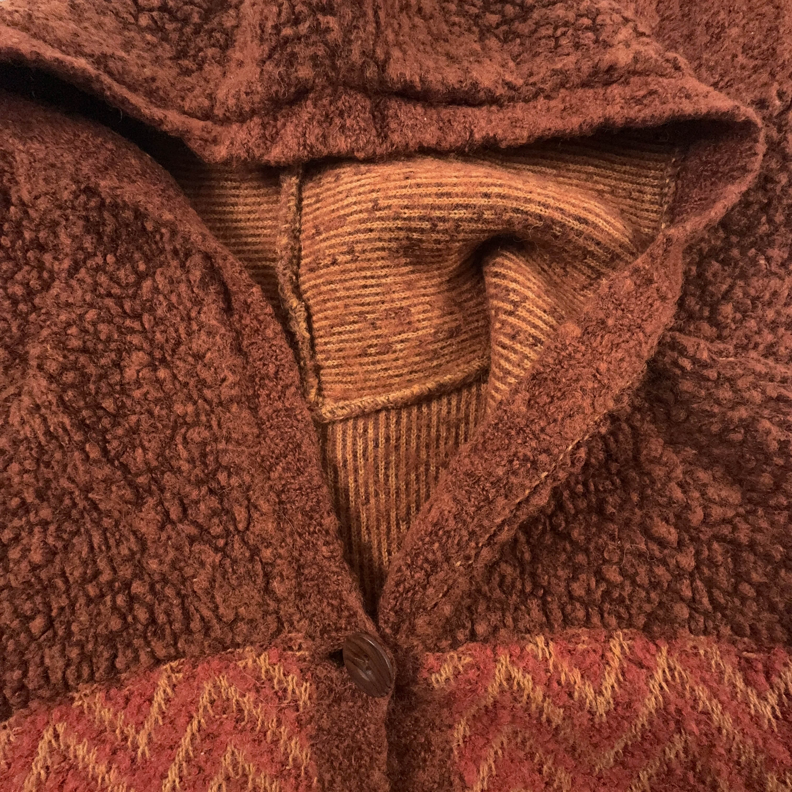 Cardigan Vintage arancione e marrone con cappuccio astratto misto lana anni 80 90 - Taglia L uomo