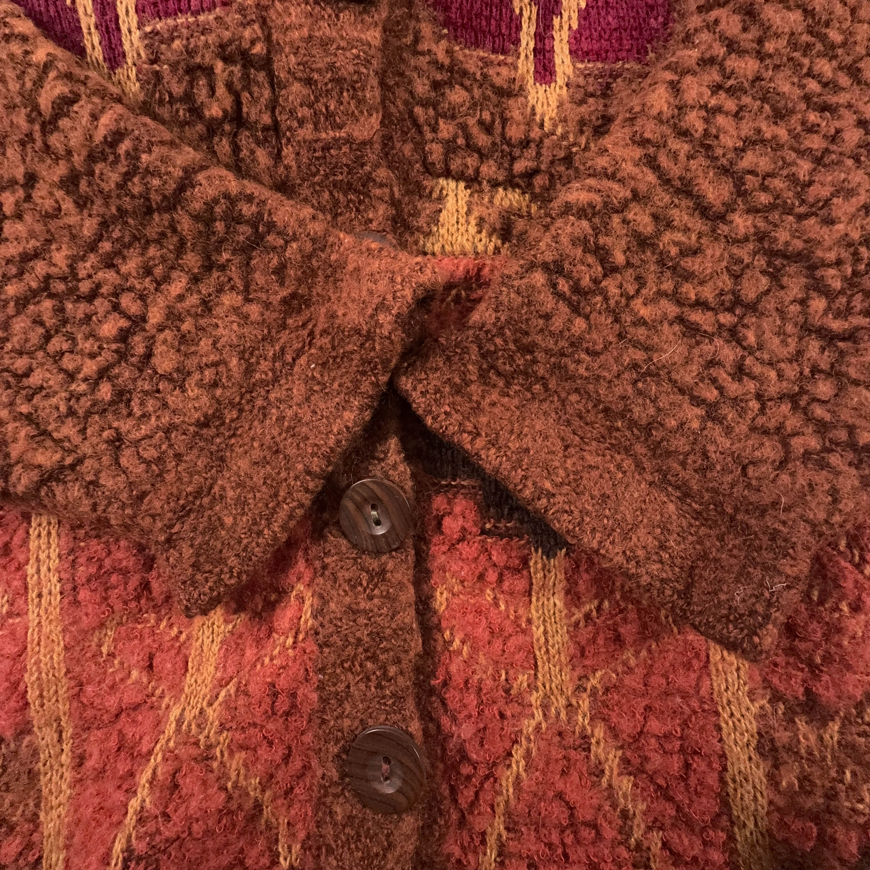Cardigan Vintage arancione e marrone con cappuccio astratto misto lana anni 80 90 - Taglia L uomo