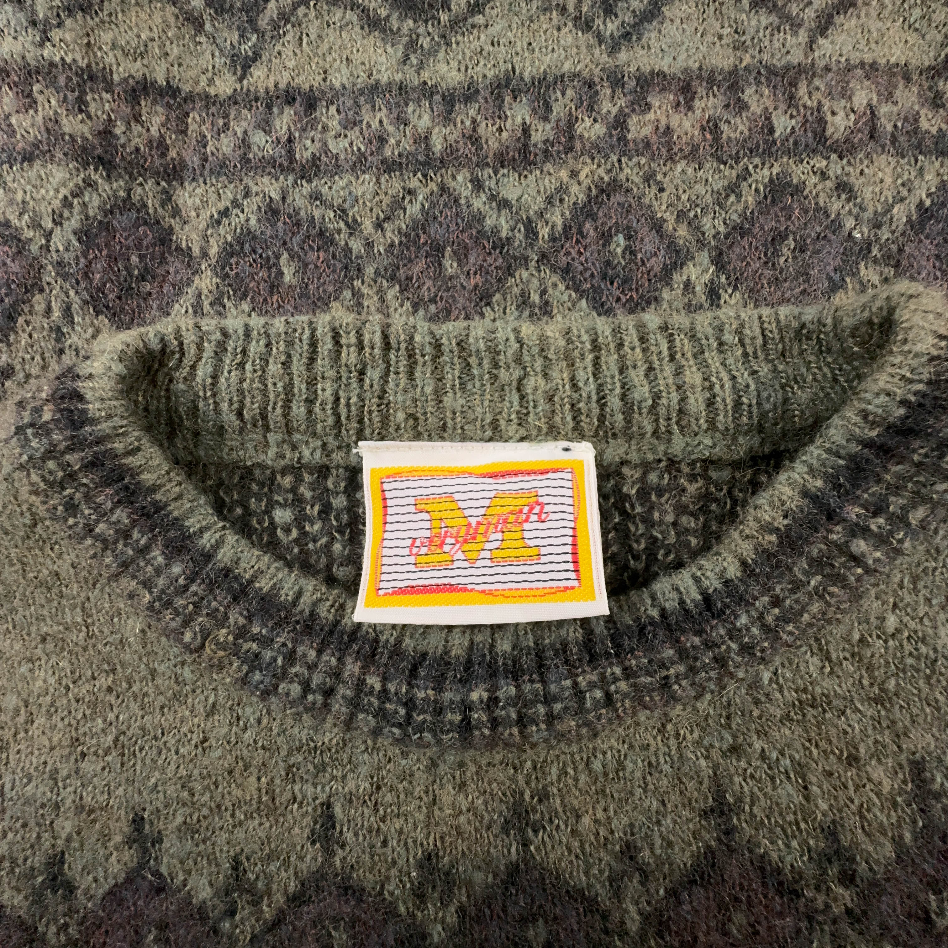 Maglione Vintage verde astratto girocollo 50% lana mohair anni 80 90 - Taglia M uomo