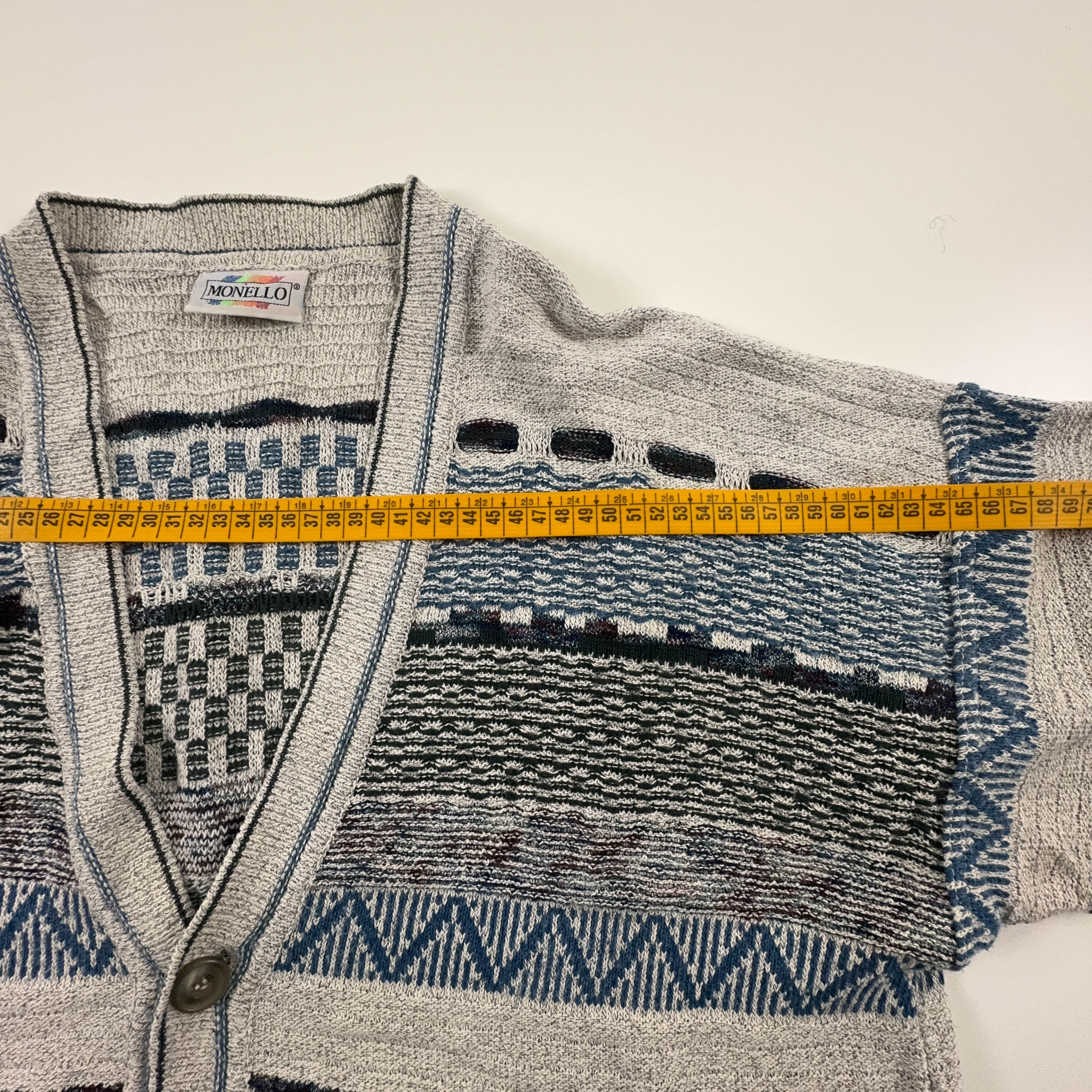 Cardigan Vintage bianco e azzurro geometrico astratto anni 80 90 - Taglia L/XL uomo