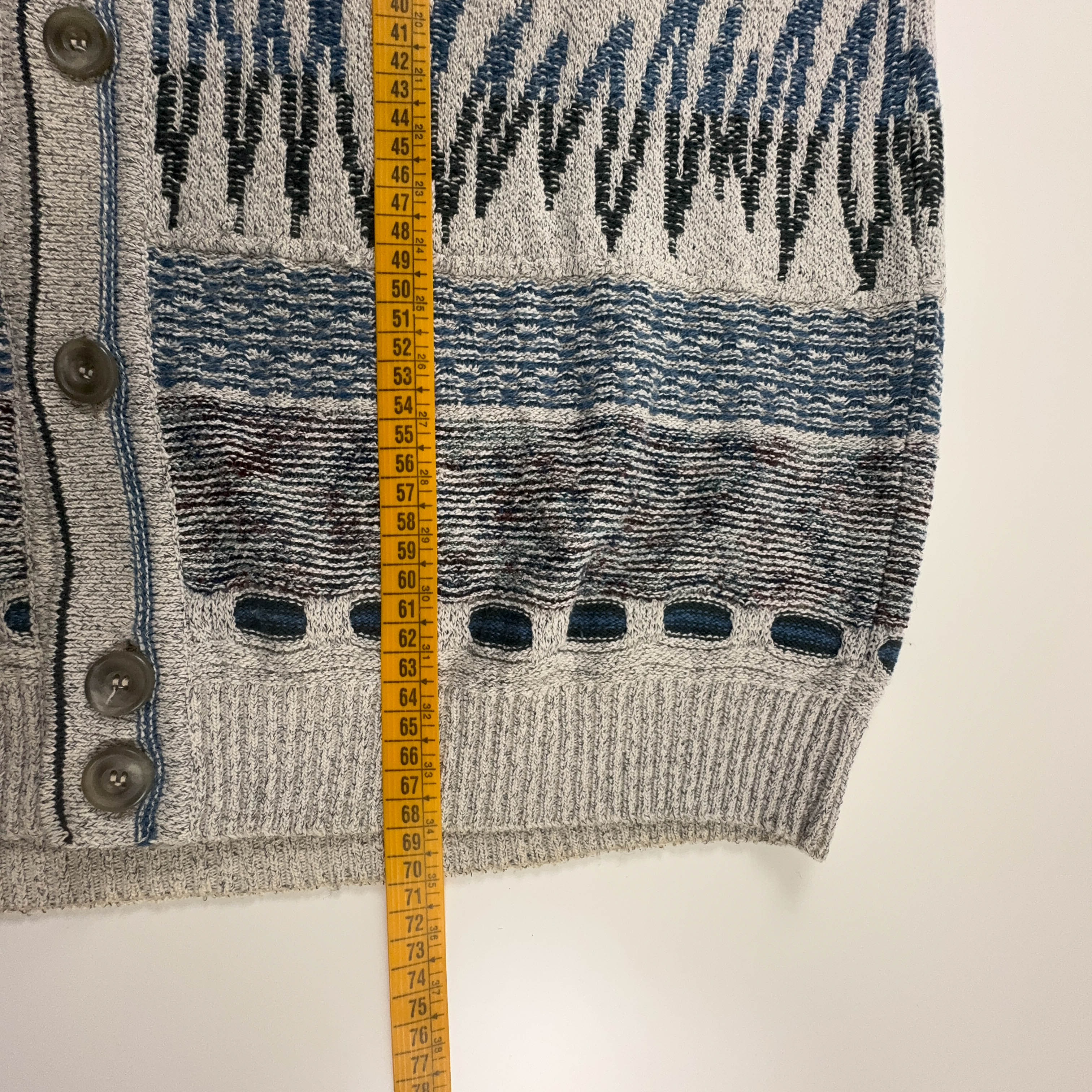 Cardigan Vintage bianco e azzurro geometrico astratto anni 80 90 - Taglia L/XL uomo