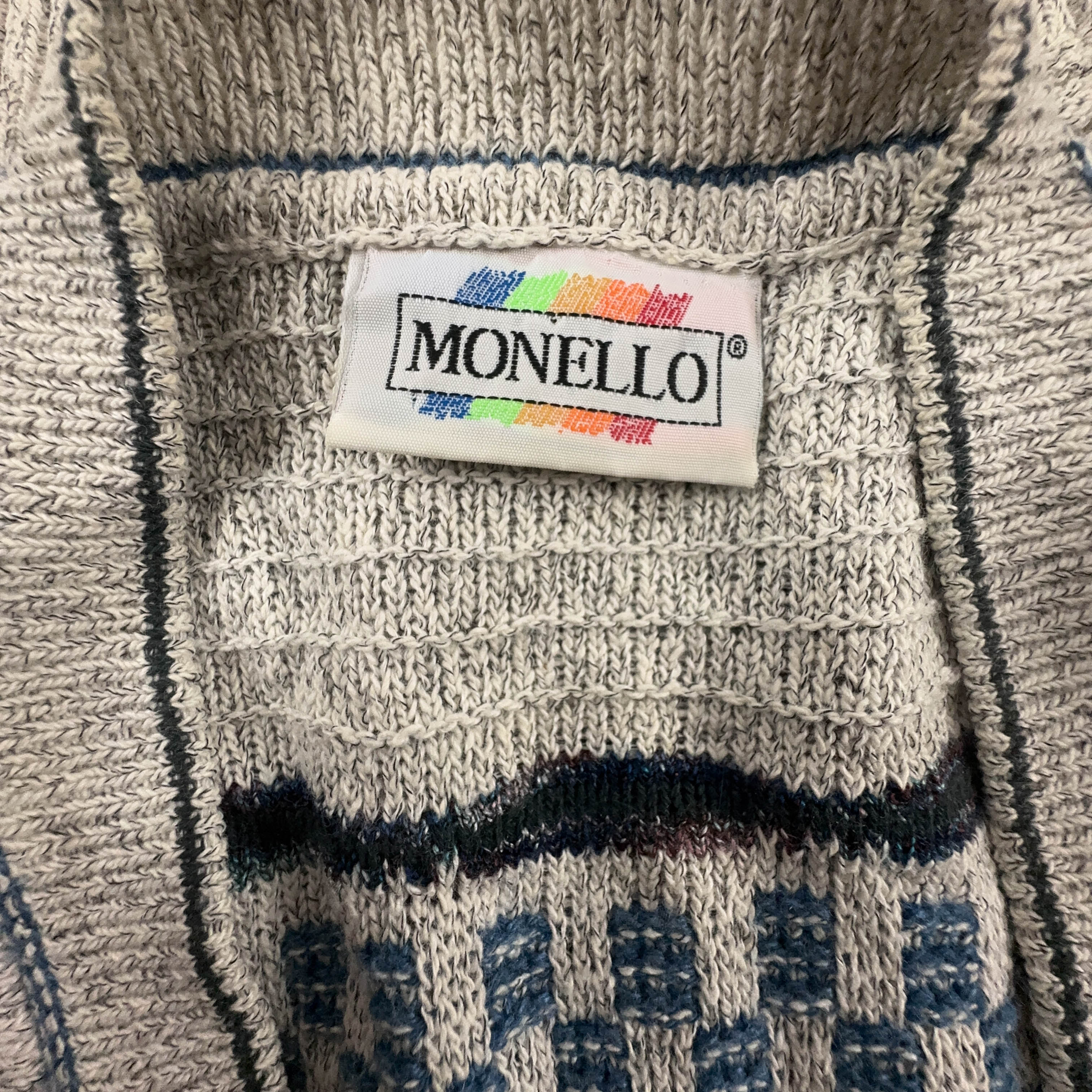 Cardigan Vintage bianco e azzurro geometrico astratto anni 80 90 - Taglia L/XL uomo