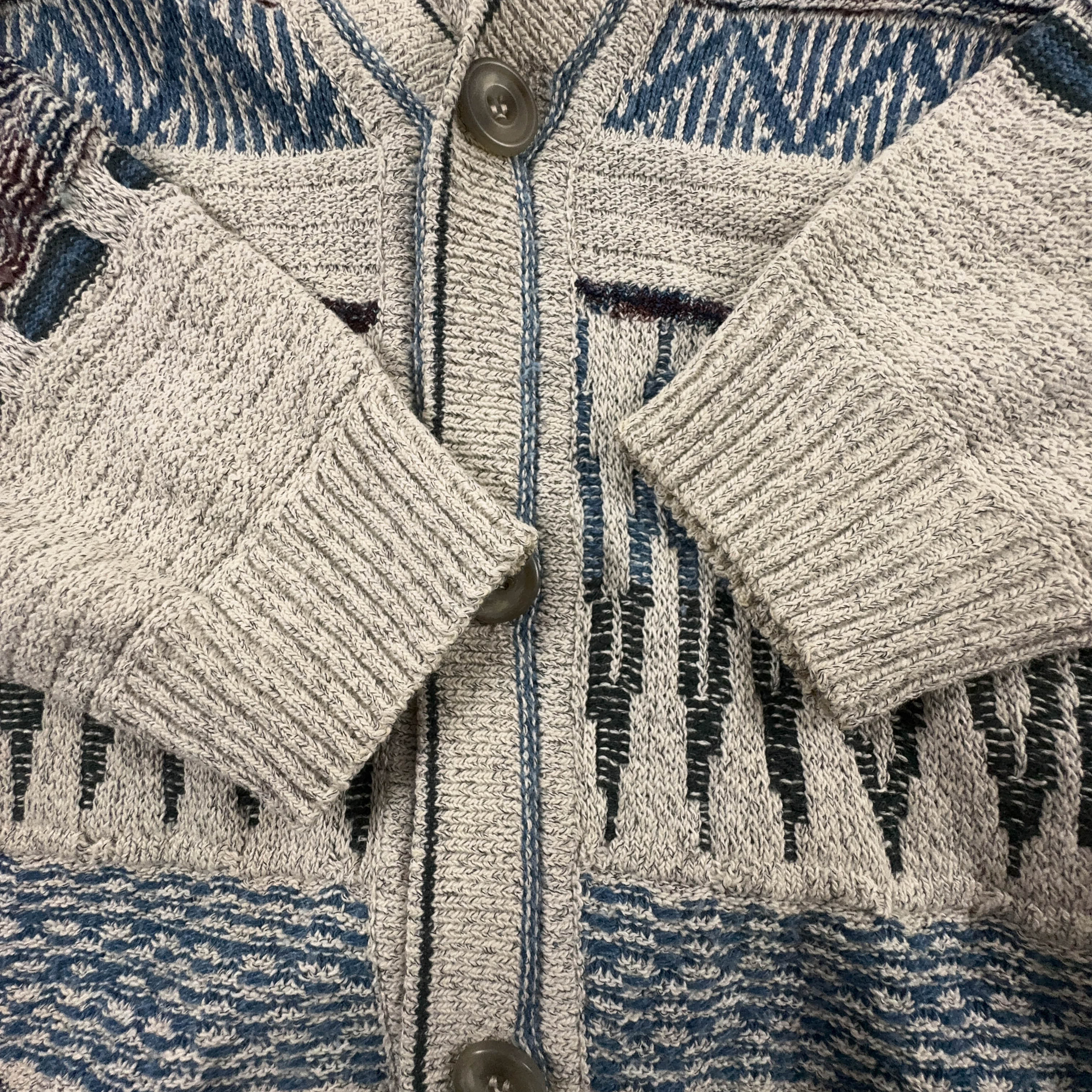 Cardigan Vintage bianco e azzurro geometrico astratto anni 80 90 - Taglia L/XL uomo
