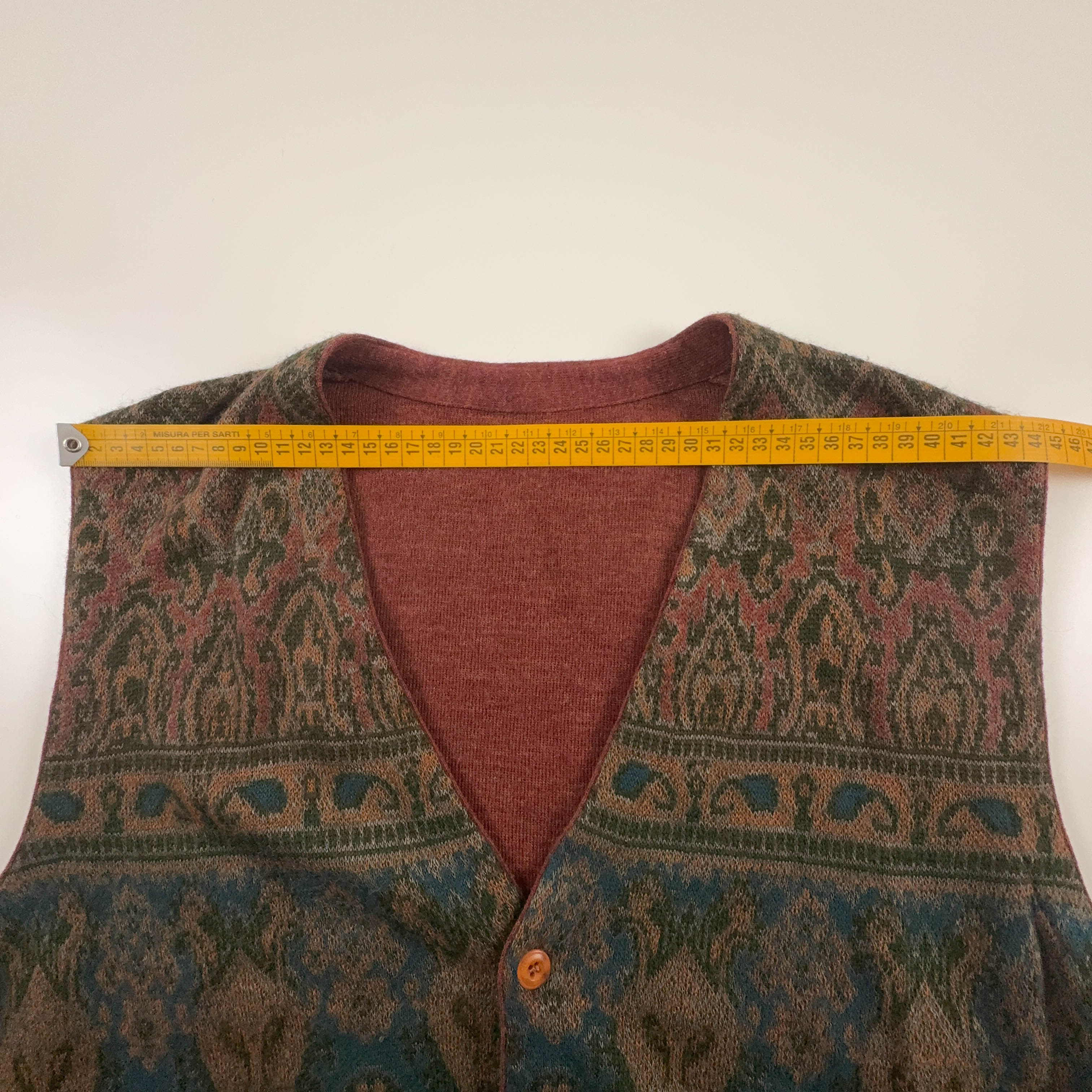 Gilet Vintage smanicato marrone e rosso astratto misto lana anni 80 90 - Taglia S uomo