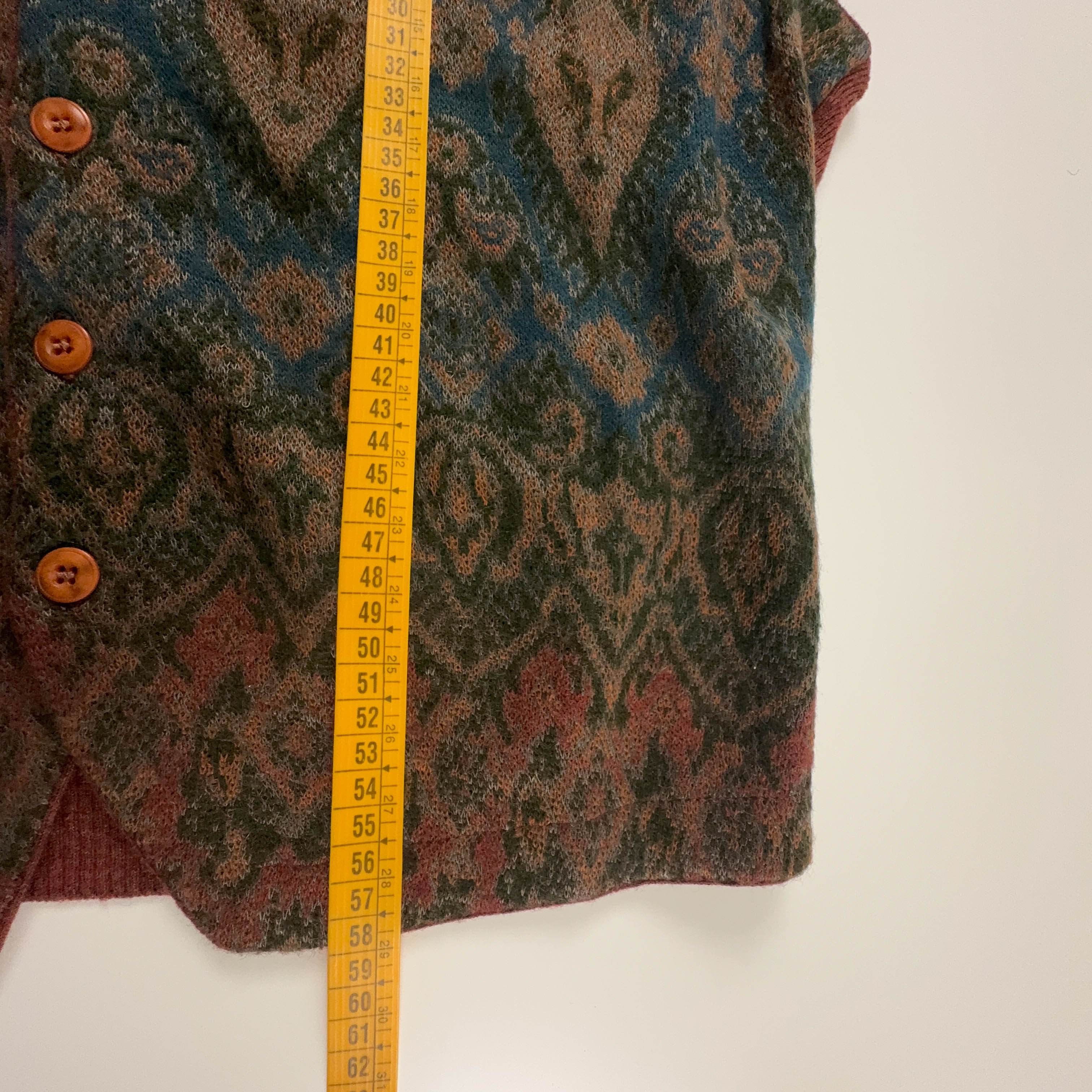 Gilet Vintage smanicato marrone e rosso astratto misto lana anni 80 90 - Taglia S uomo