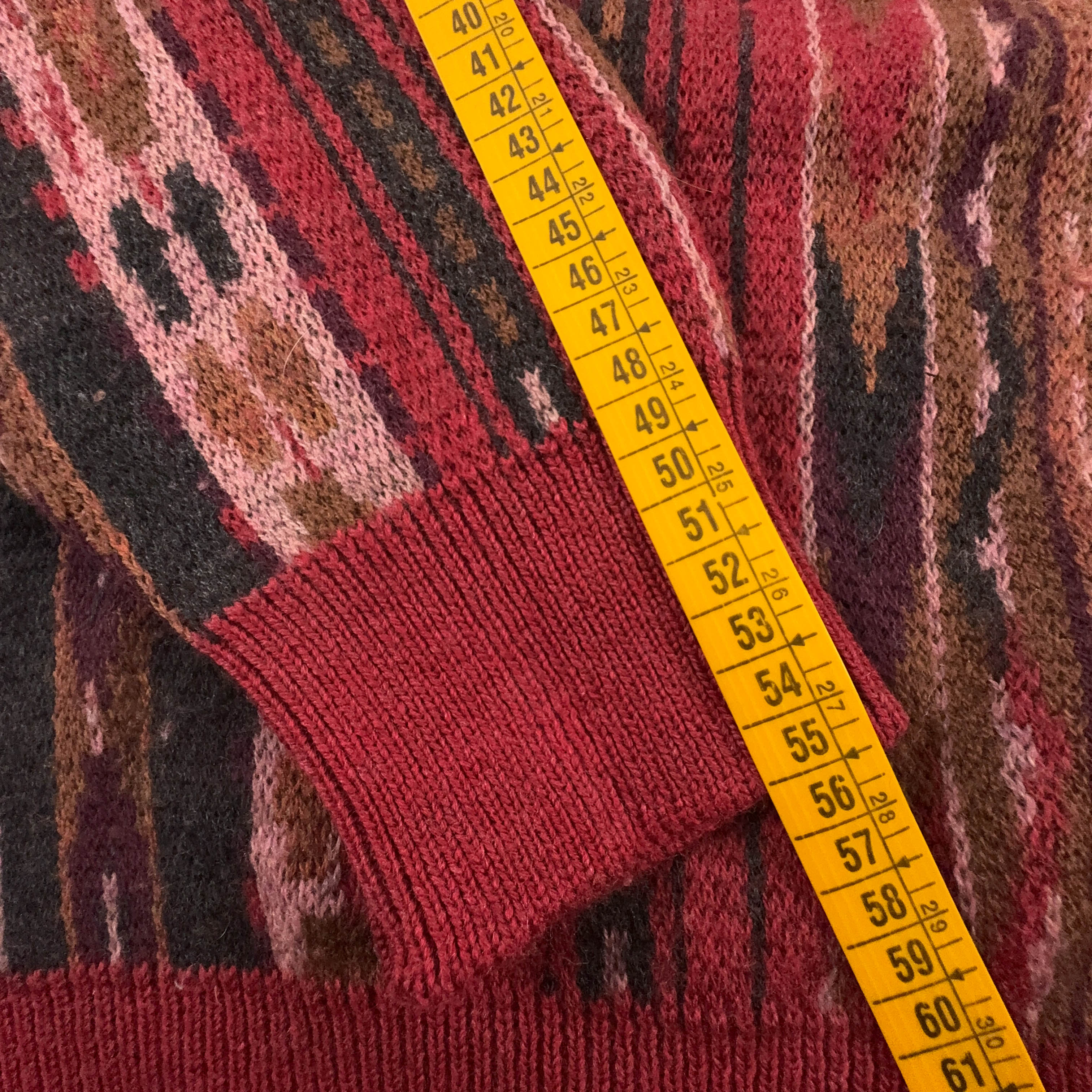 Maglione Vintage rosso a righe astratto girocollo 100% lana anni 80 90 - Taglia 50 uomo