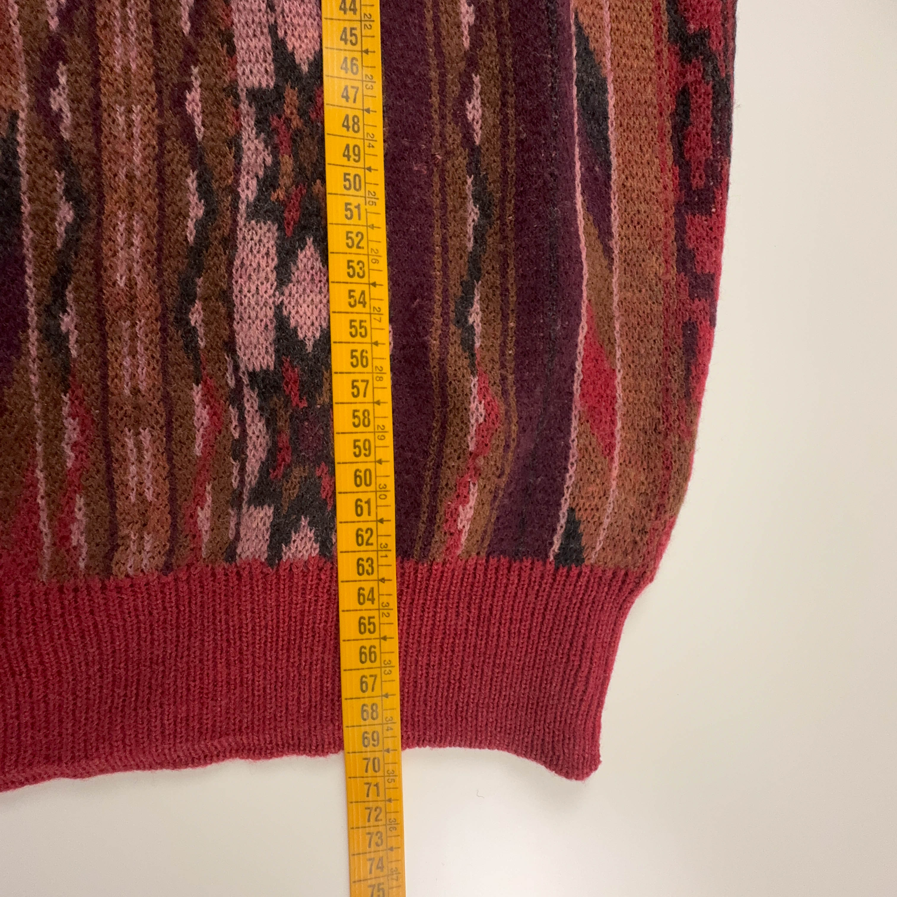 Maglione Vintage rosso a righe astratto girocollo 100% lana anni 80 90 - Taglia 50 uomo