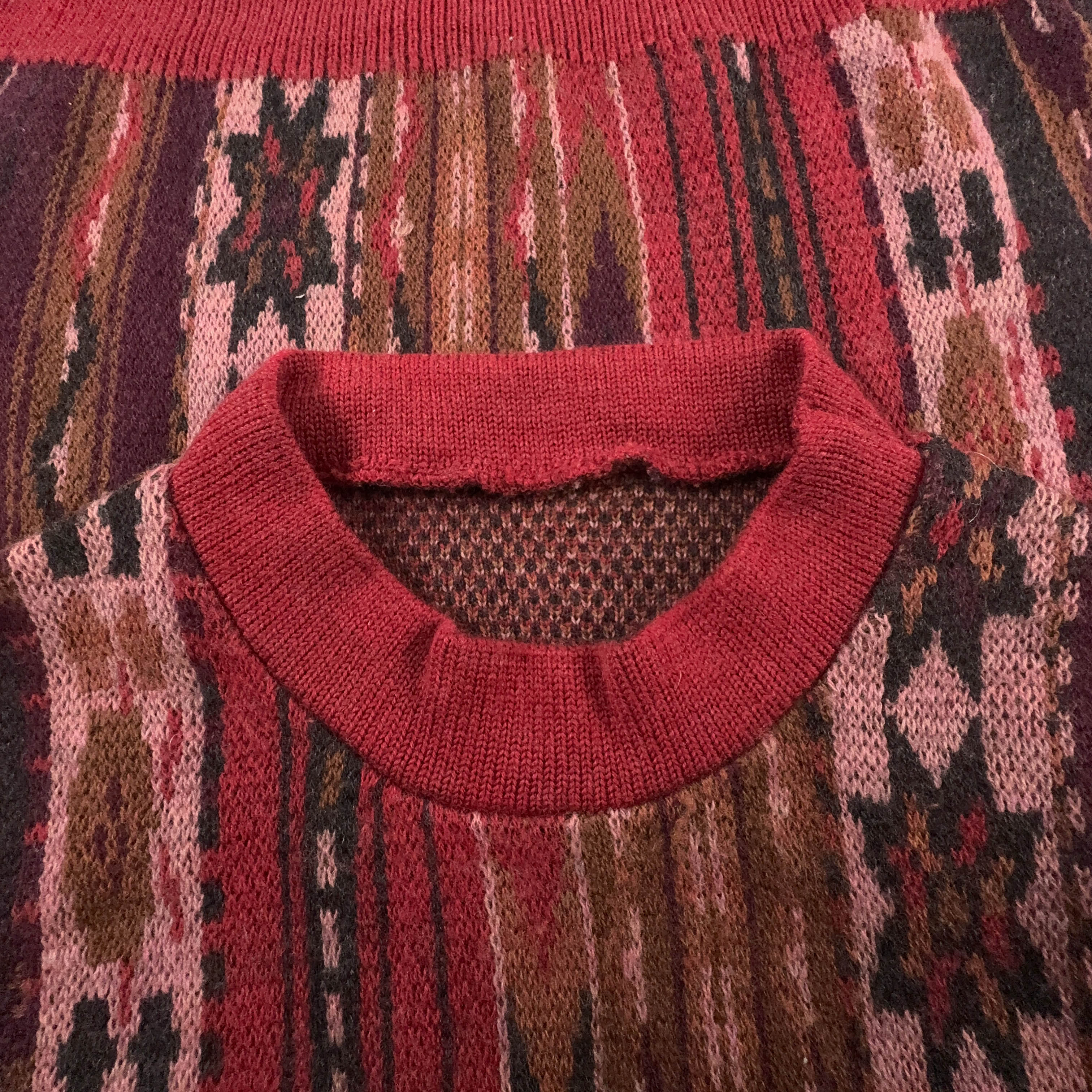 Maglione Vintage rosso a righe astratto girocollo 100% lana anni 80 90 - Taglia 50 uomo