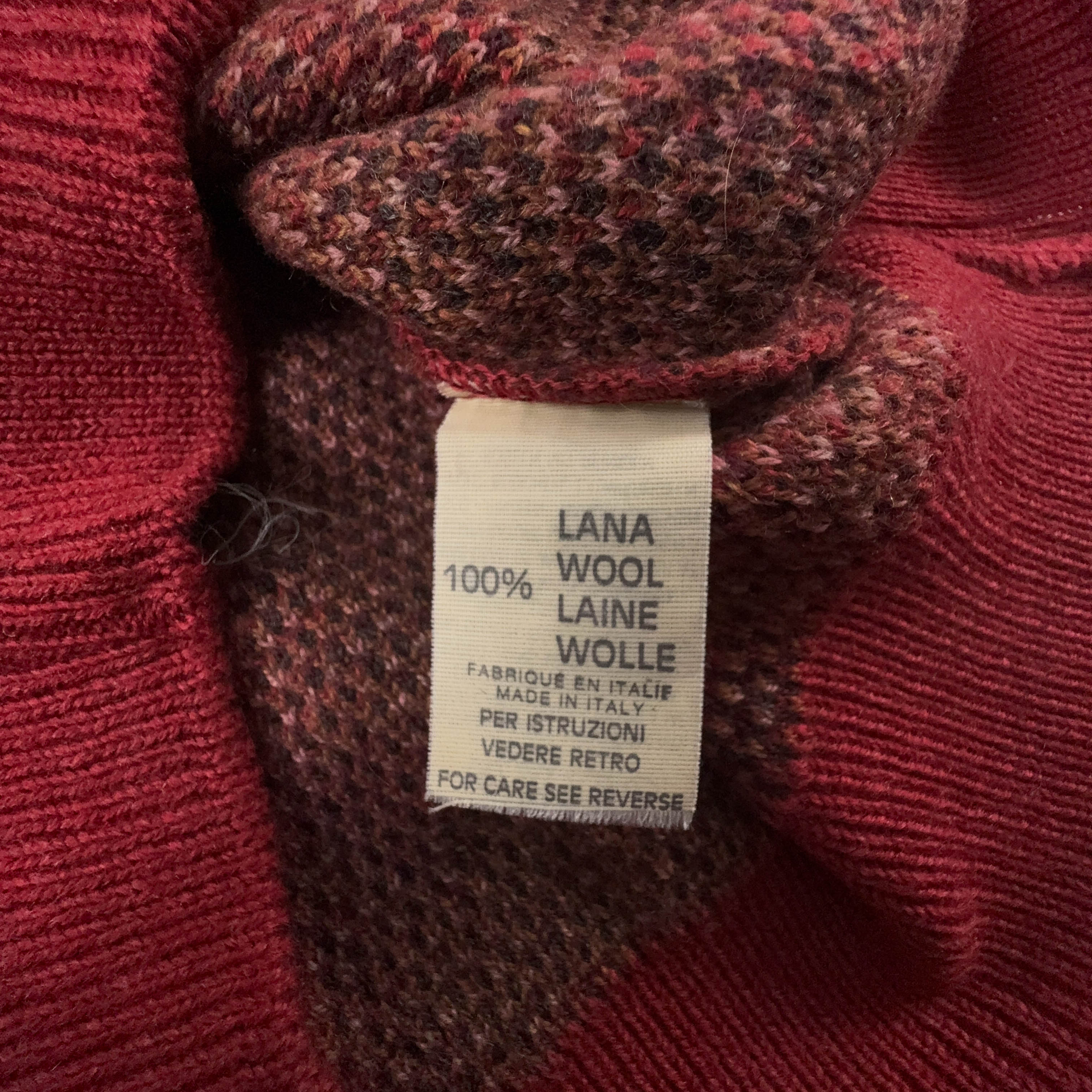 Maglione Vintage rosso a righe astratto girocollo 100% lana anni 80 90 - Taglia 50 uomo