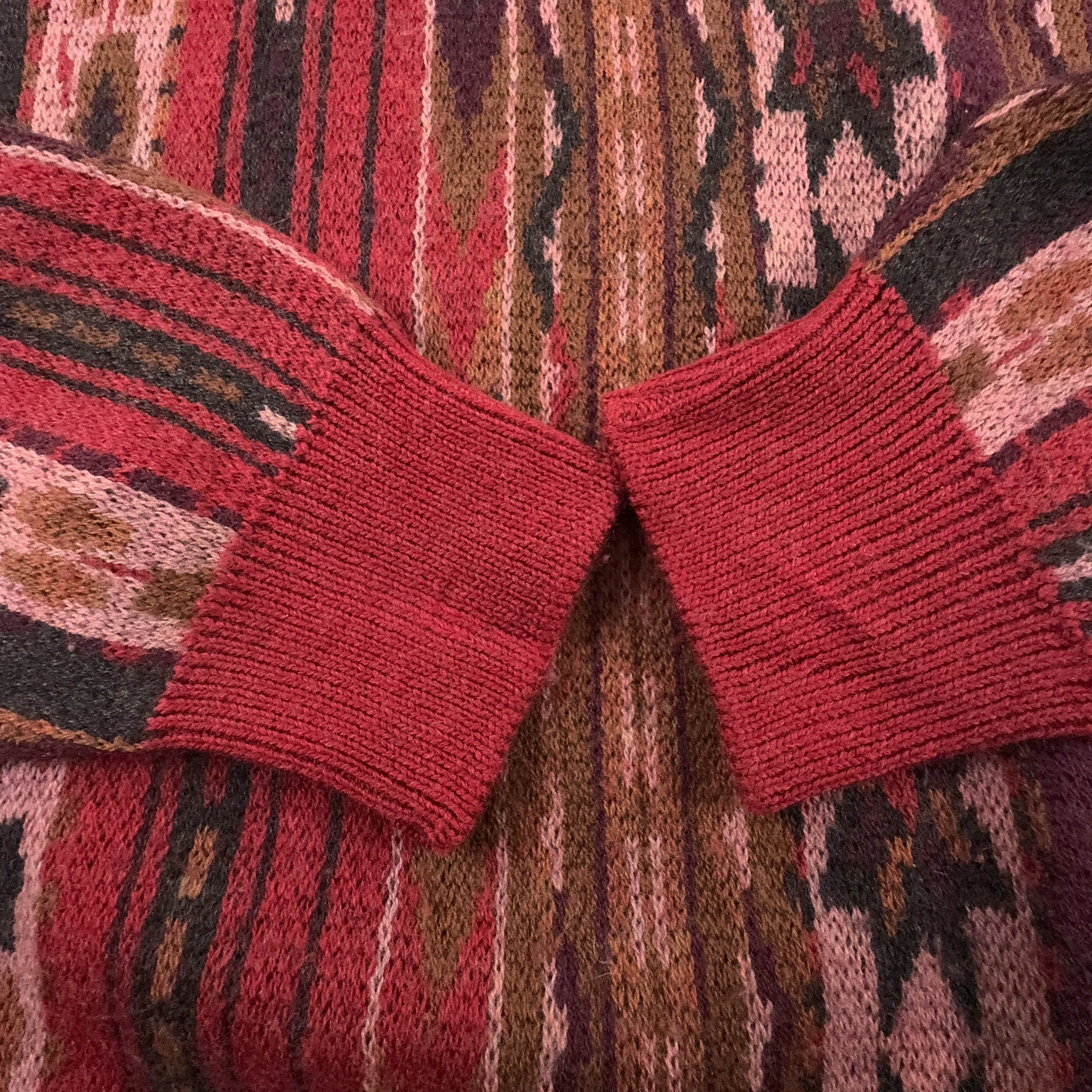 Maglione Vintage rosso a righe astratto girocollo 100% lana anni 80 90 - Taglia 50 uomo