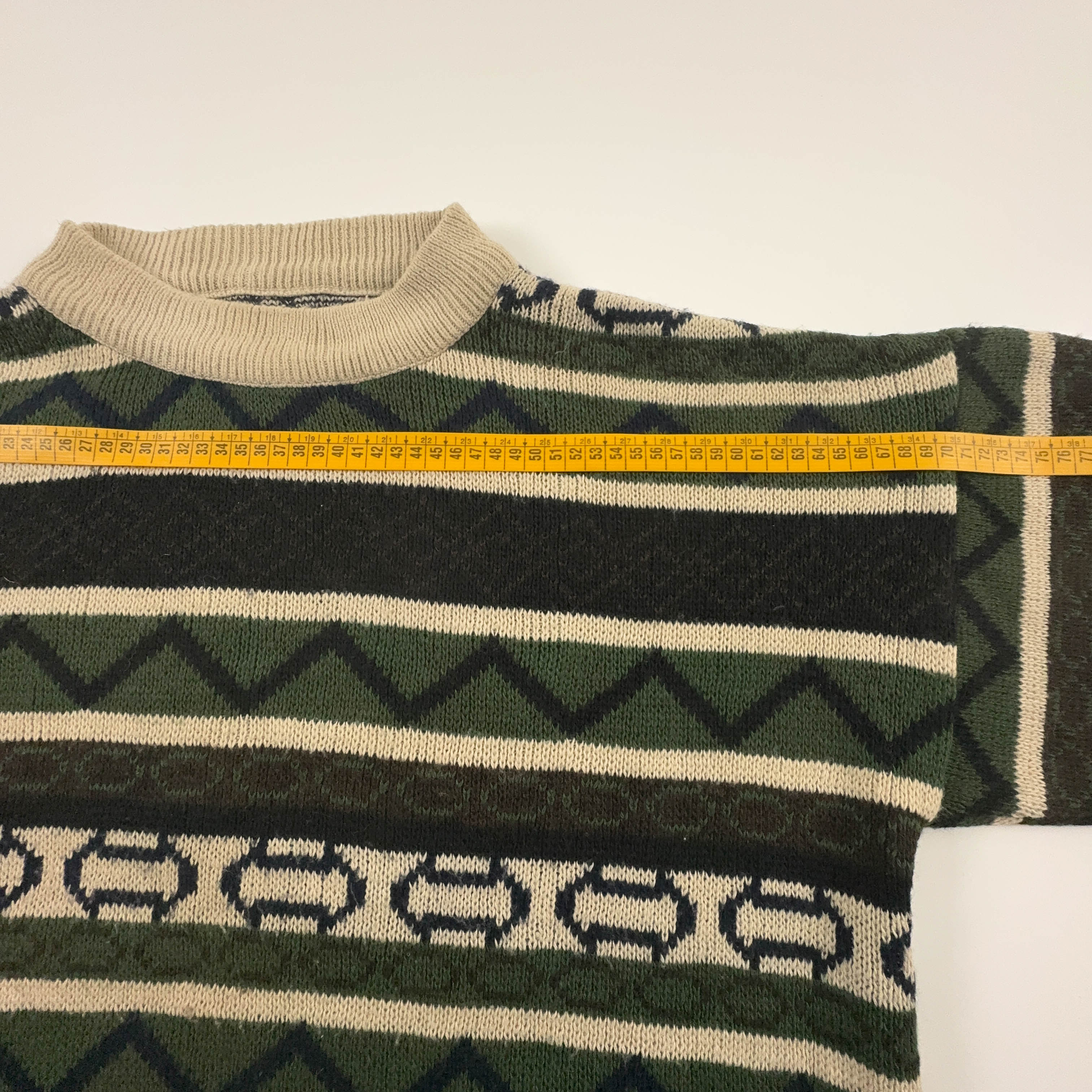 Maglione Vintage verde crema geometrico a righe girocollo misto lana anni 80 90 - Taglia L/XL uomo