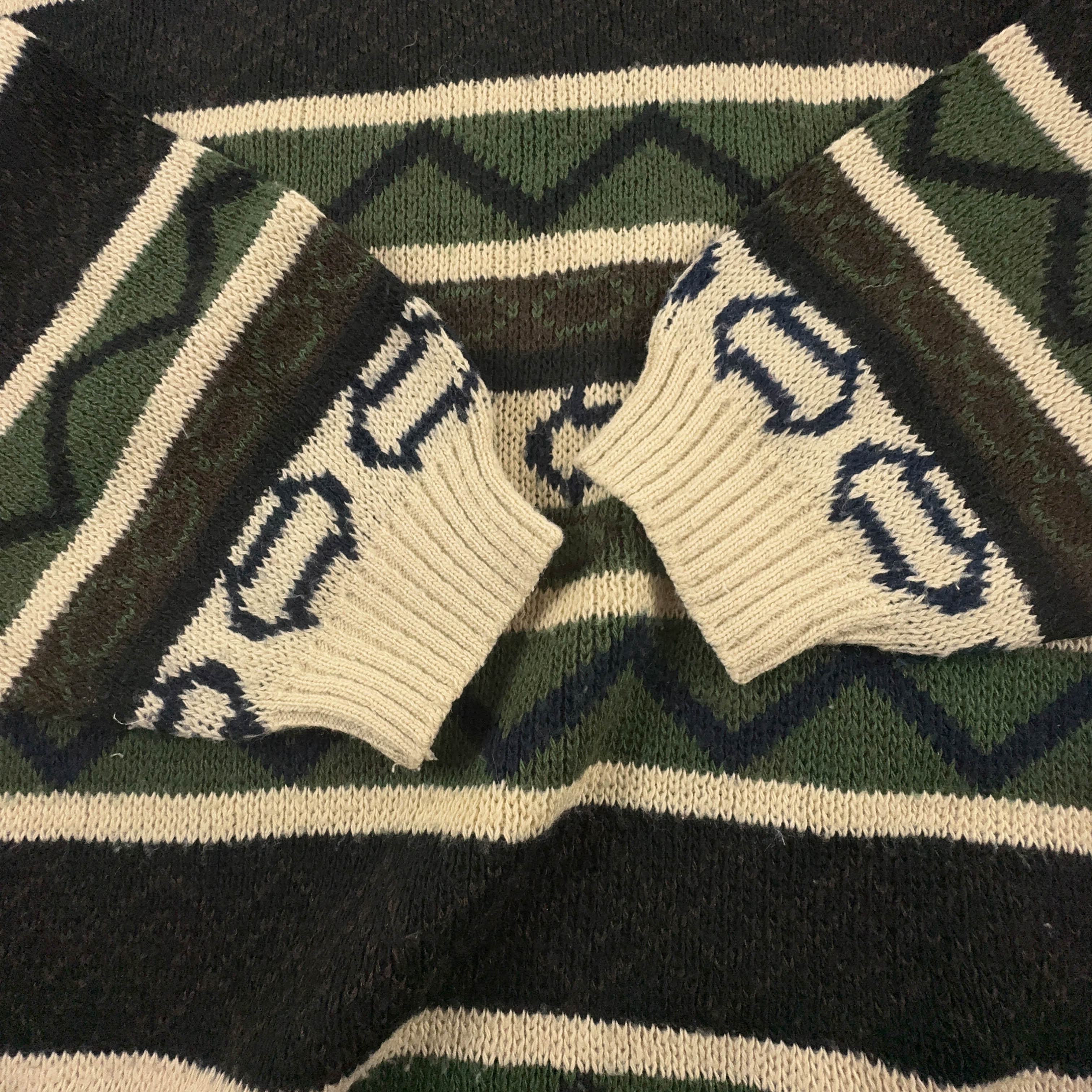 Maglione Vintage verde crema geometrico a righe girocollo misto lana anni 80 90 - Taglia L/XL uomo