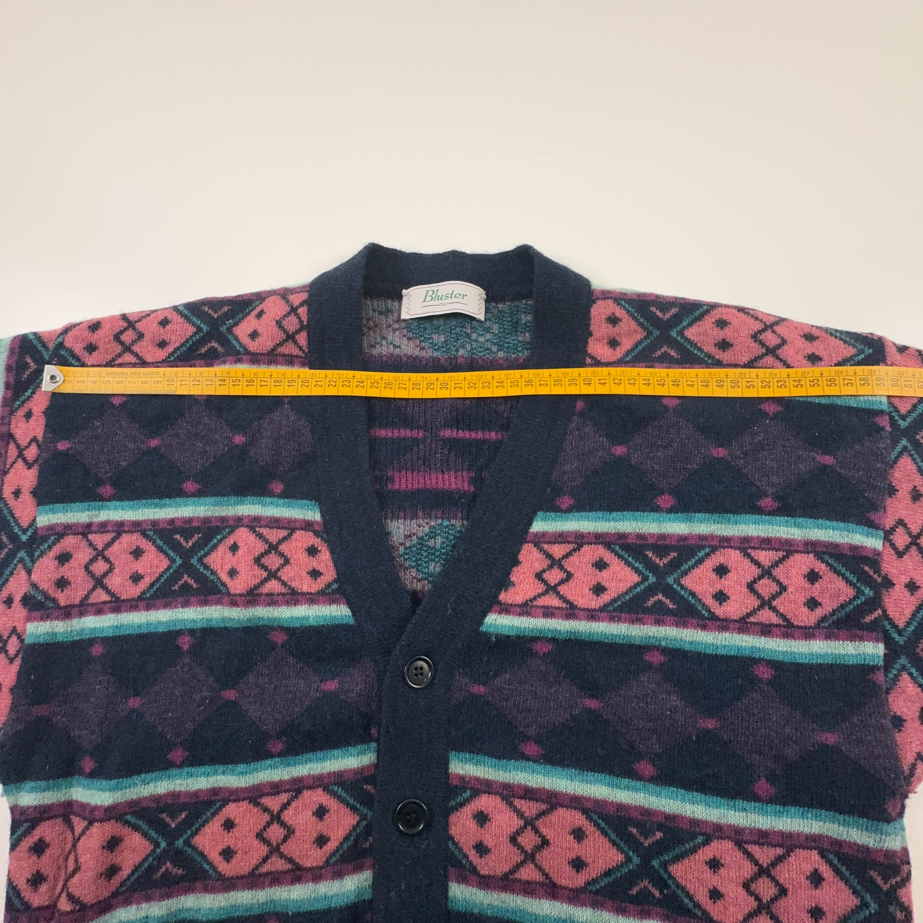 Cardigan Vintage blu e rosa a righe geometrico 90% lana anni 80 90 - Taglia 50 uomo