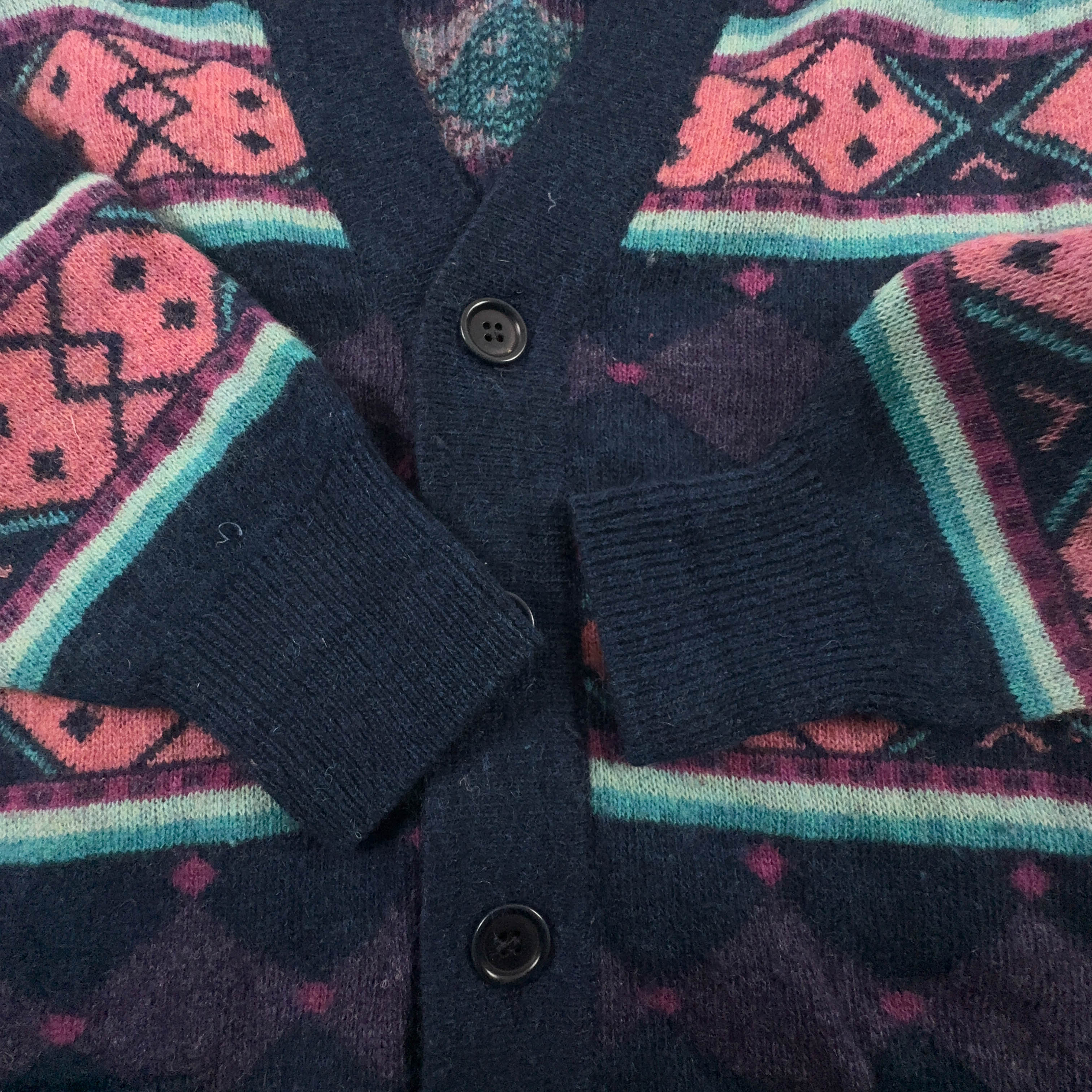 Cardigan Vintage blu e rosa a righe geometrico 90% lana anni 80 90 - Taglia 50 uomo