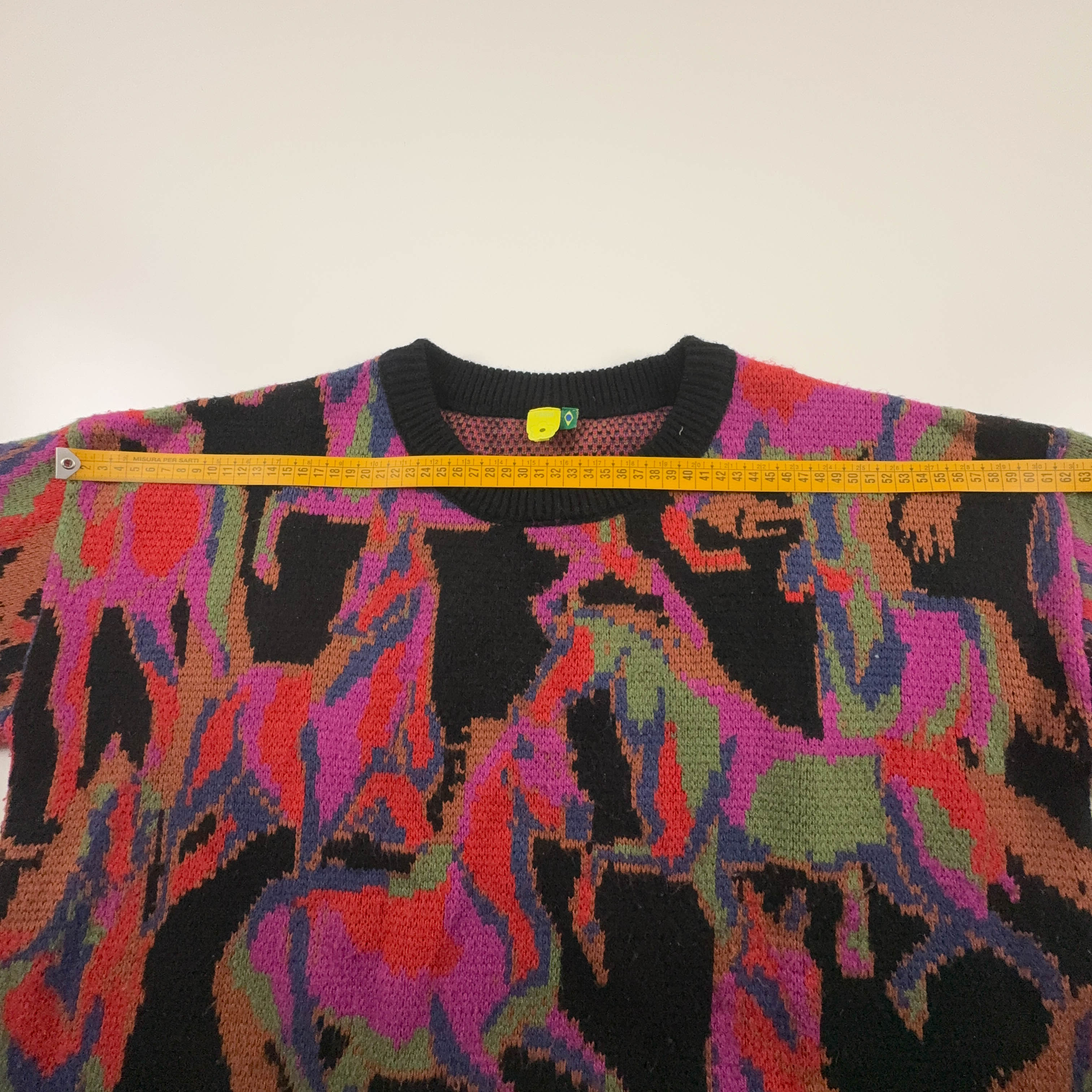 Maglione Vintage nero fantasia multicolore astratto girocollo acrilico anni 80 90 - Taglia L uomo