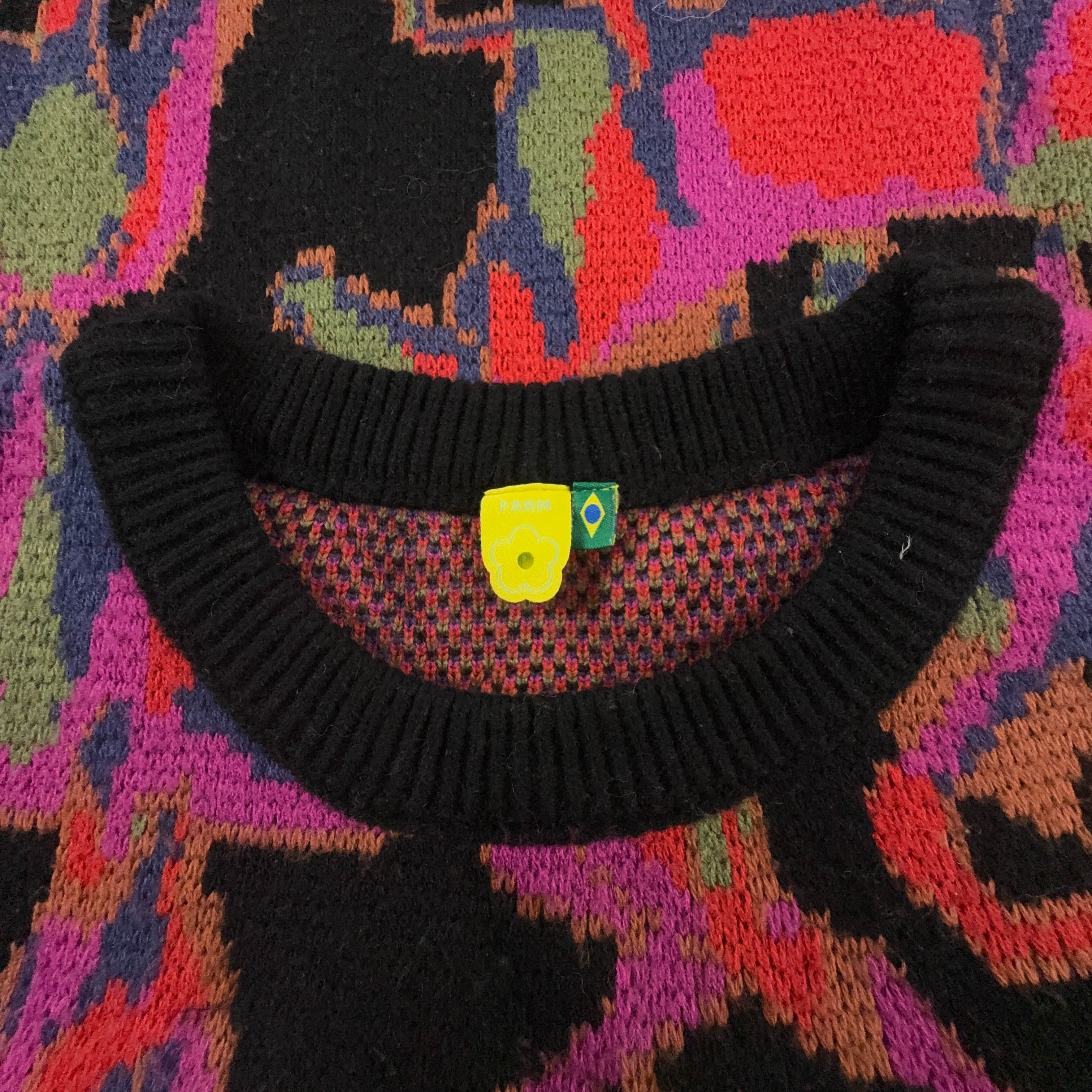 Maglione Vintage nero fantasia multicolore astratto girocollo acrilico anni 80 90 - Taglia L uomo