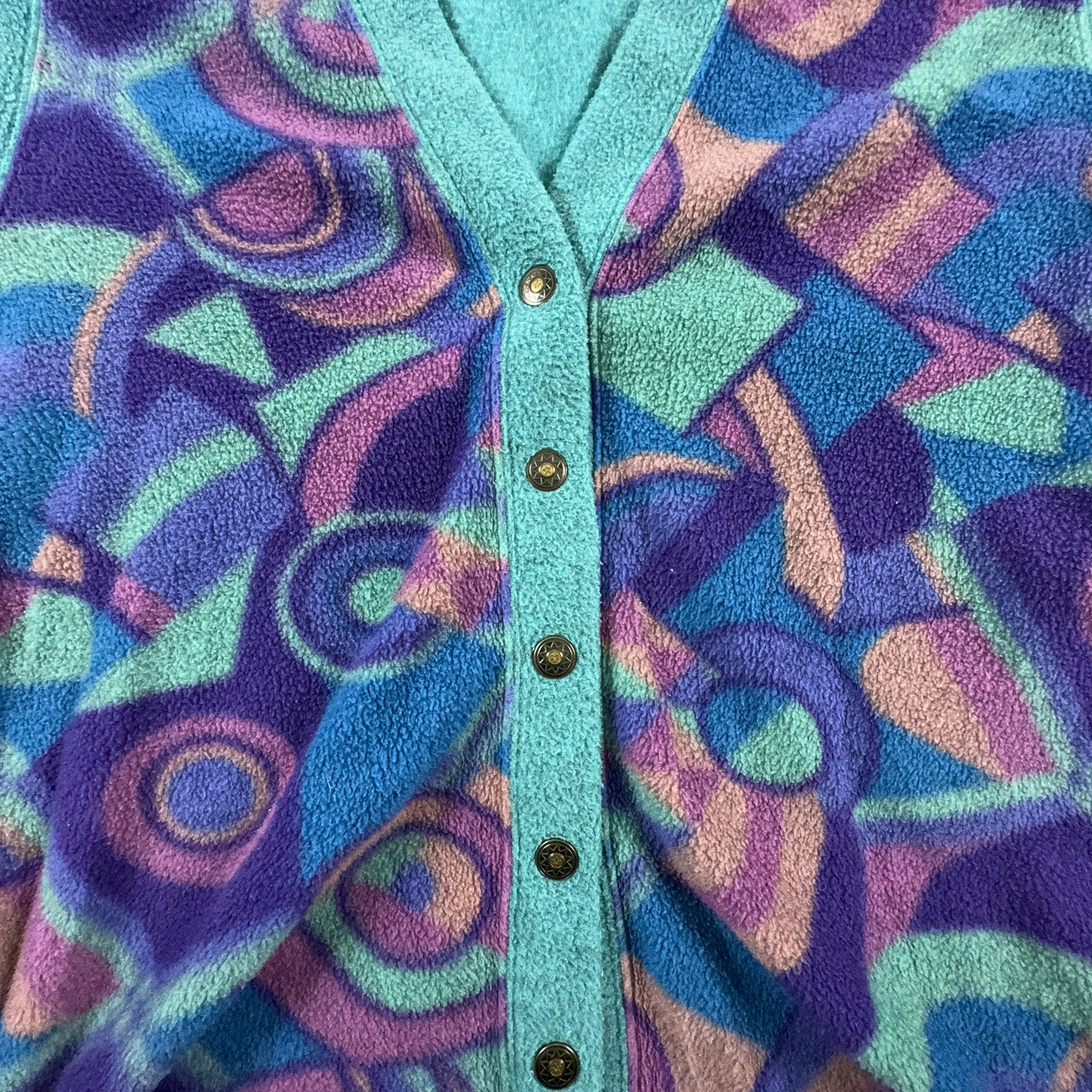 Vintage Sleeveless Purple and Green Abstract Pattern Button Up Fleece - Size 36 38 Men