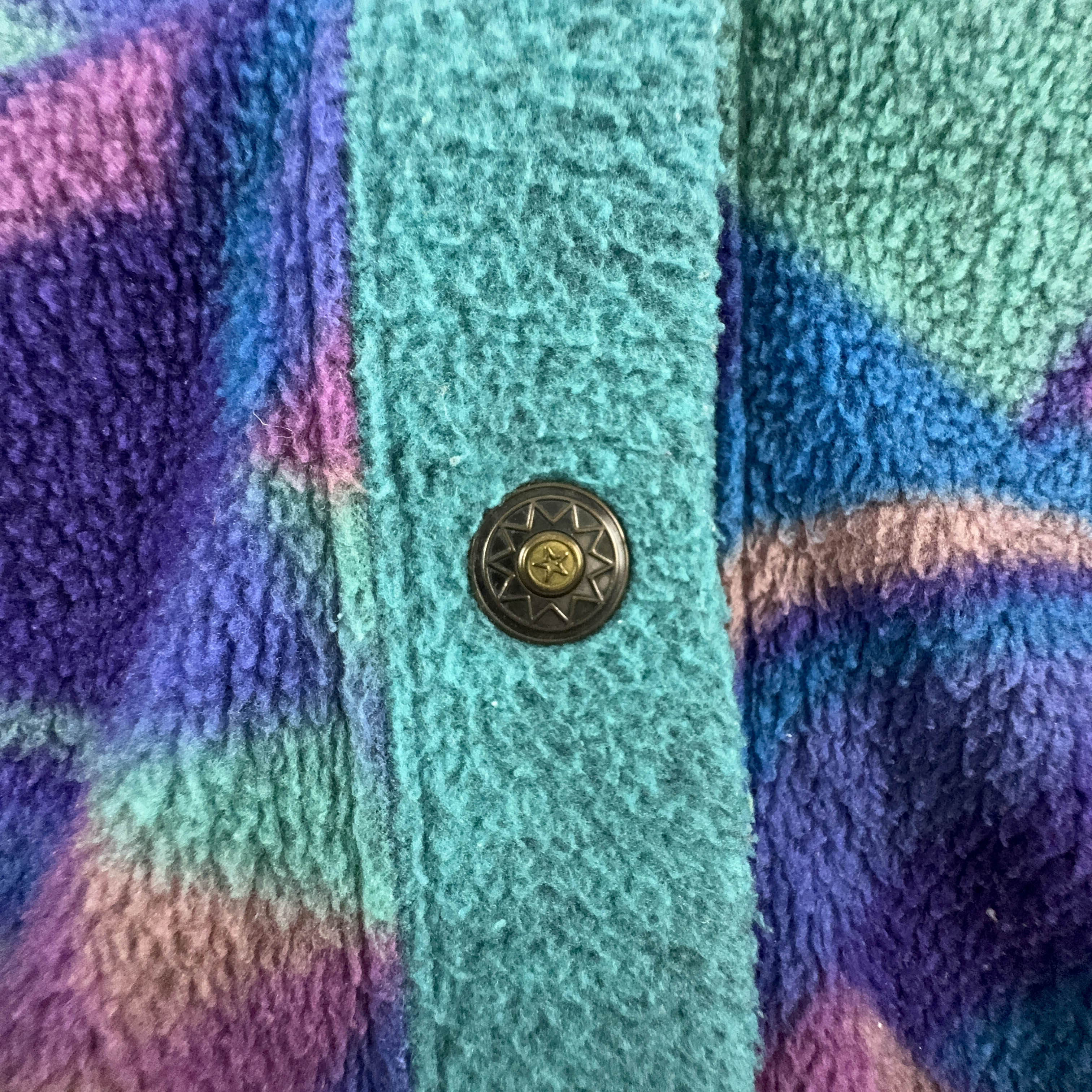 Vintage Sleeveless Purple and Green Abstract Pattern Button Up Fleece - Size 36 38 Men