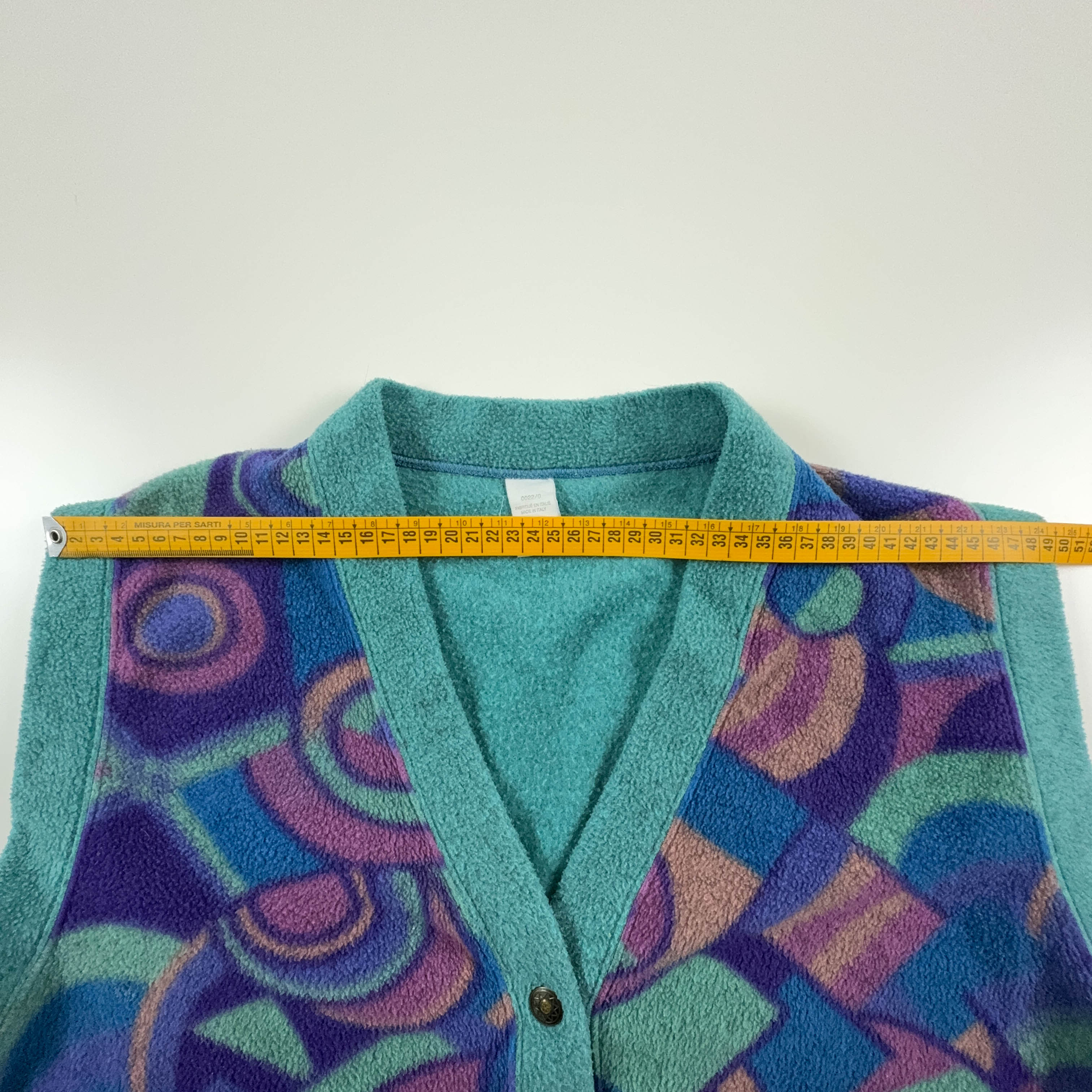 Vintage Sleeveless Purple and Green Abstract Pattern Button Up Fleece - Size 36 38 Men
