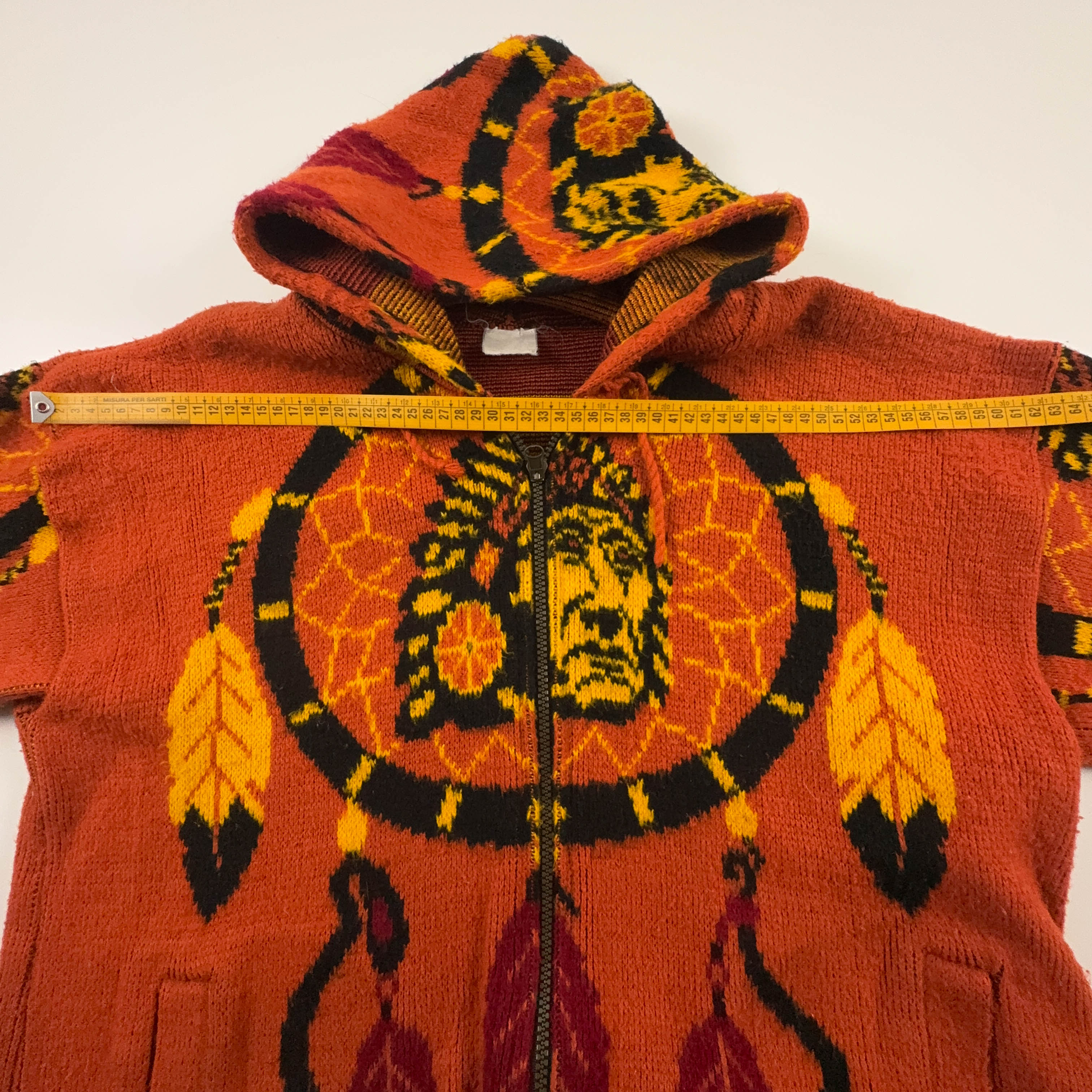 Cardigan Vintage arancione tribale con cappuccio e grafica misto lana anni 80 90 - Taglia L uomo